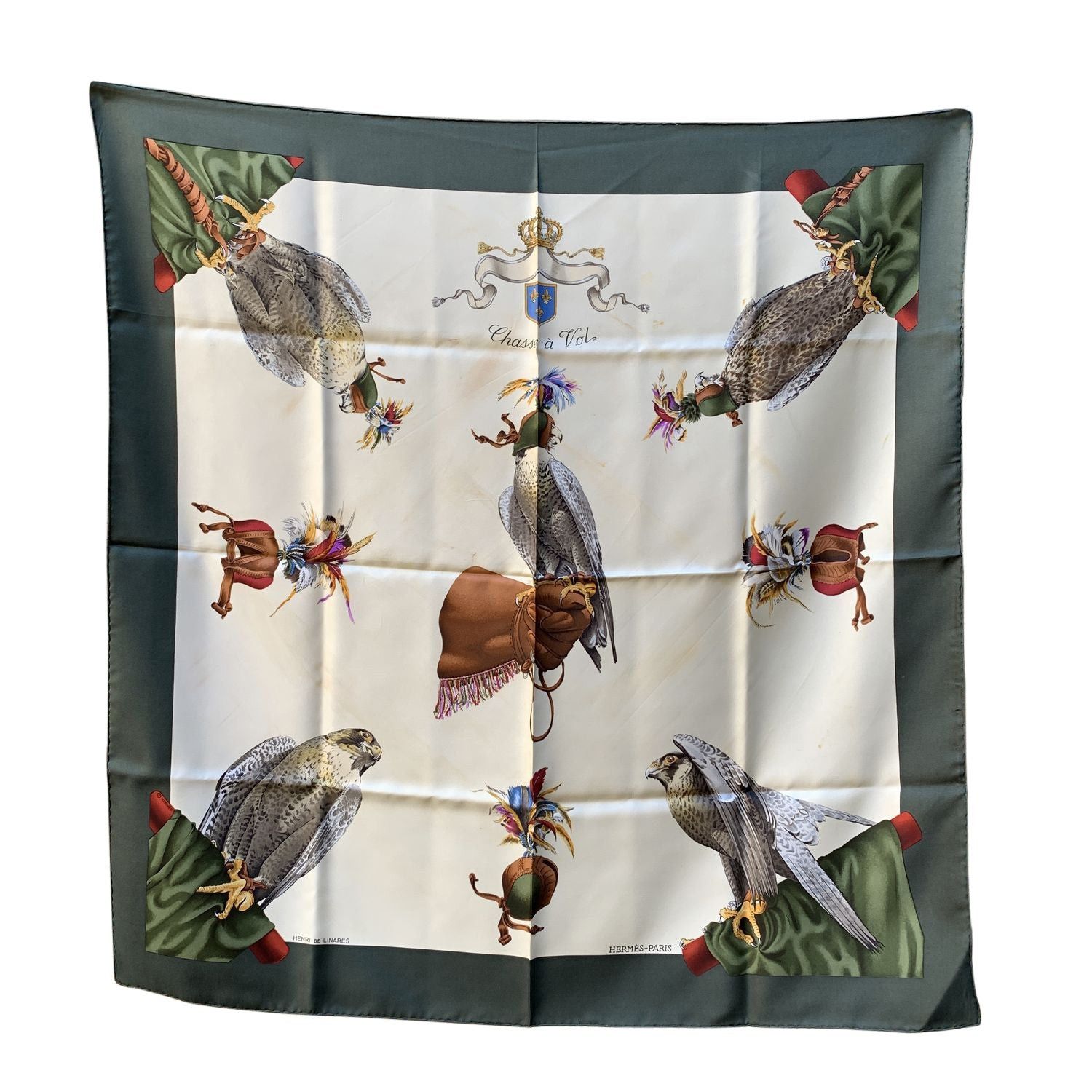 image of Hermes Vintage Silk Scarf Chasse A Vol 1962 De Linares in Green, Women's