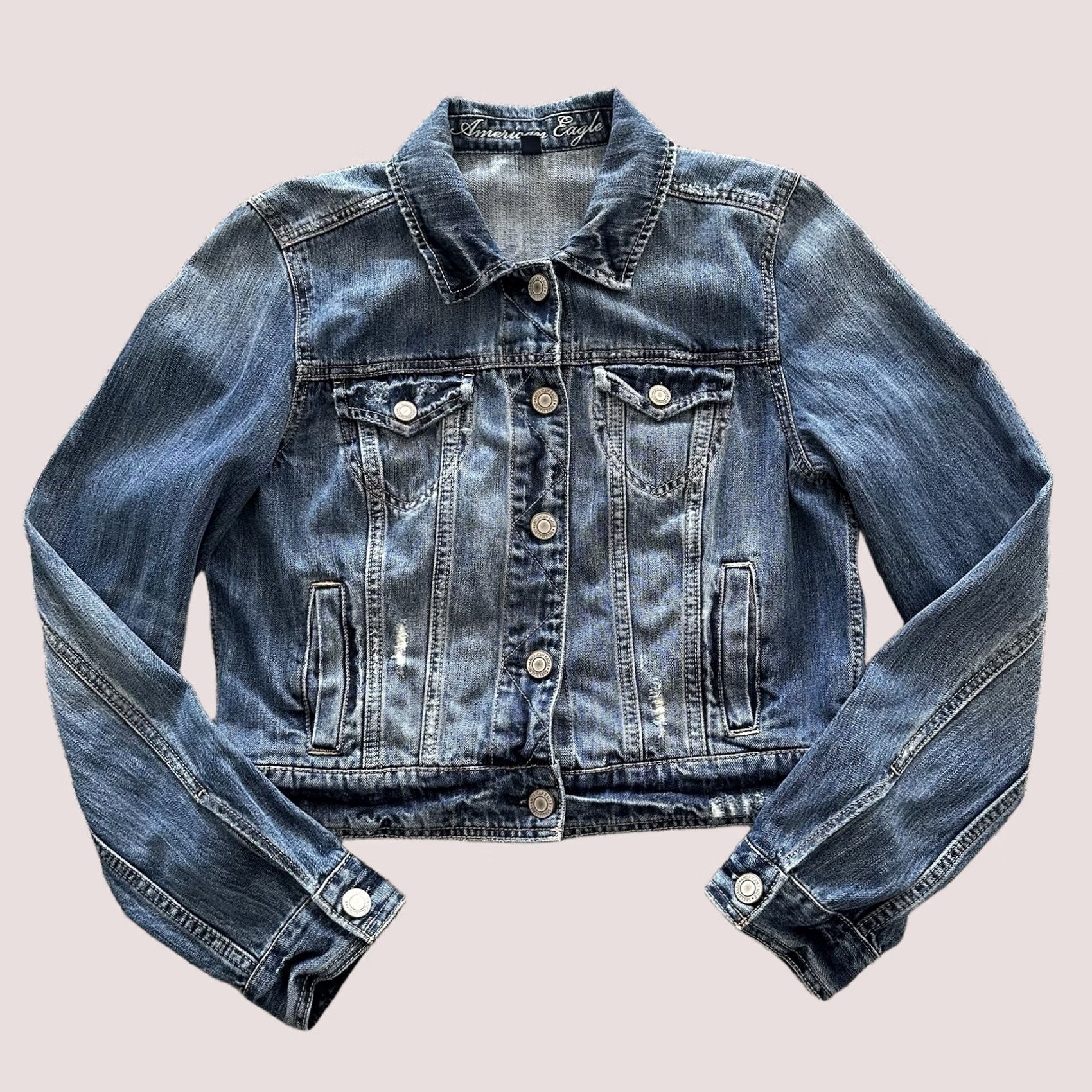 American Eagle Outfitters VINTAGE American Eagle Outfitters Denim Jacket Women’s L AE Trucker Jean Sun Face Print Jacket Size 36" / US 14 / IT 50 - 1 Thumbnail