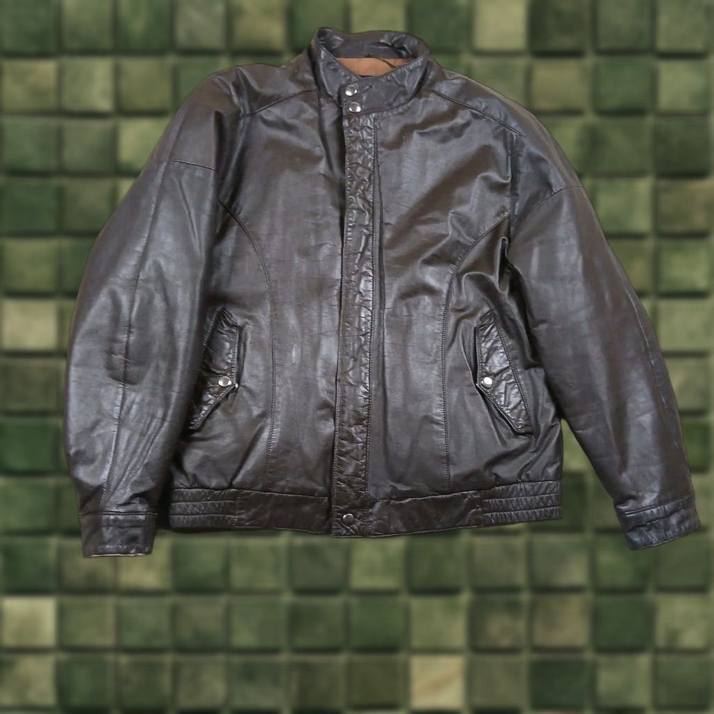 Vintage VINTAGE Montgomery Ward Leather Racer Jacket Mens 40 Brown Jacket Motorcycle 90s Classic Mens Brown Regular Leather Full Zip Band Collar Short Vintage Size US XXS / EU 40 - 1 Thumbnail