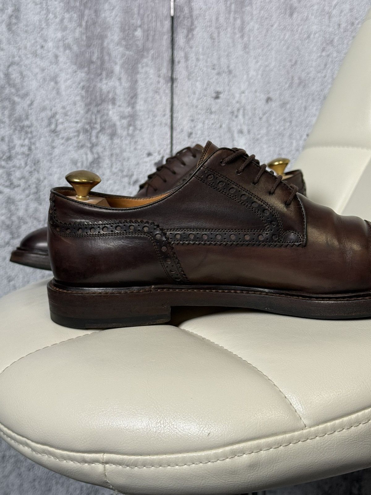 Gucci Gucci Men's Brown Leather Cap-Toe Semi-Brogue Derby Shoes Size US 10.5 / EU 43-44 - 6 Thumbnail