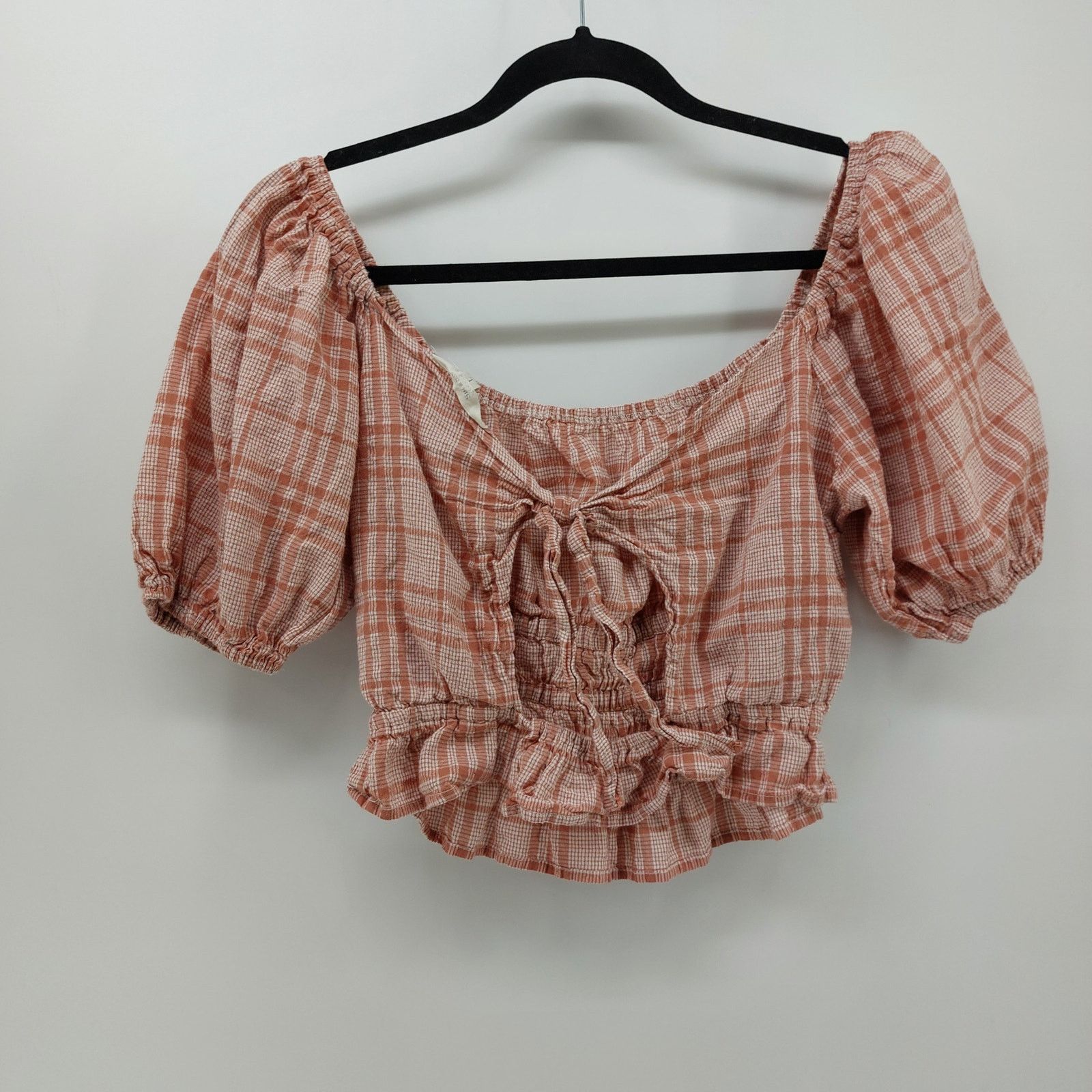 Other Sim & Sam Women's Top 90s Y2K Smocked Plaid Pink Shortsleeve Size L / US 10 / IT 46 - 1 Thumbnail