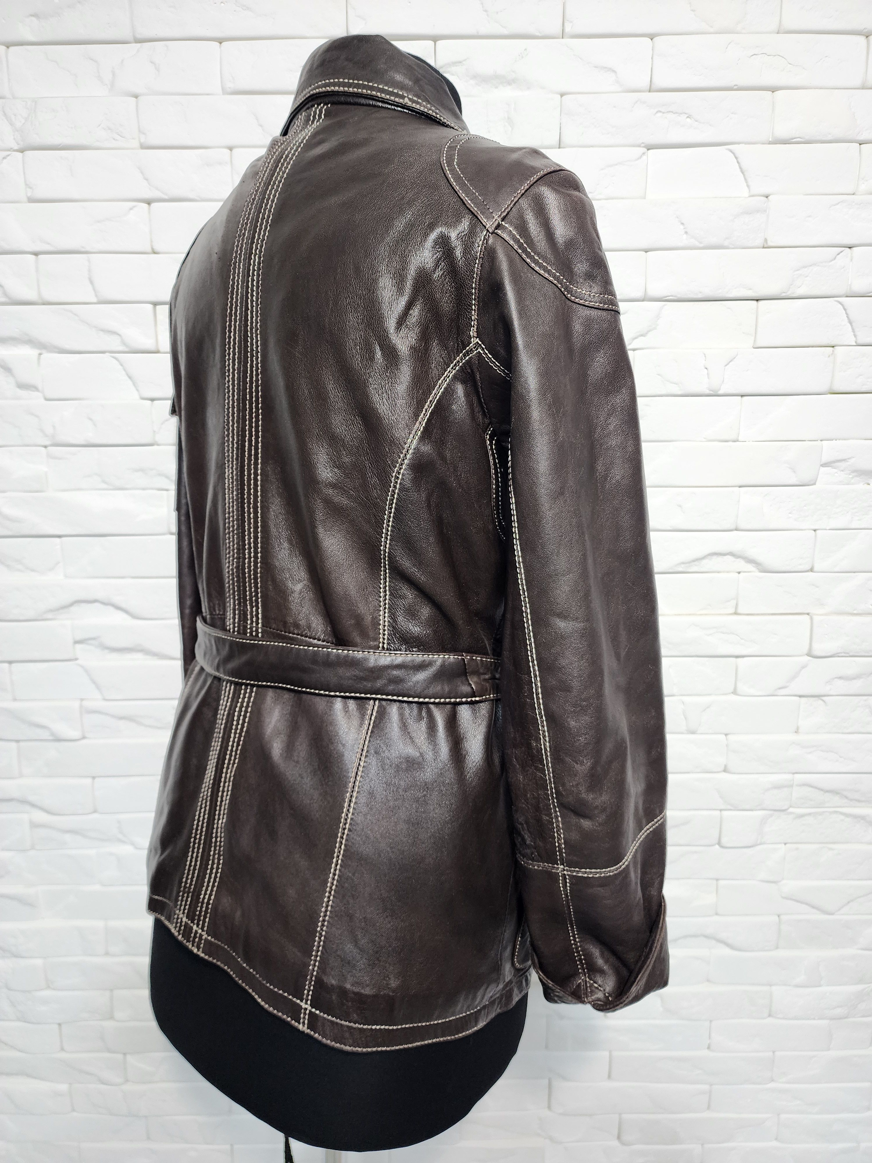Designer Brown Leather Belted Jacket: Size L / US 10 / IT 46 - 4 Thumbnail