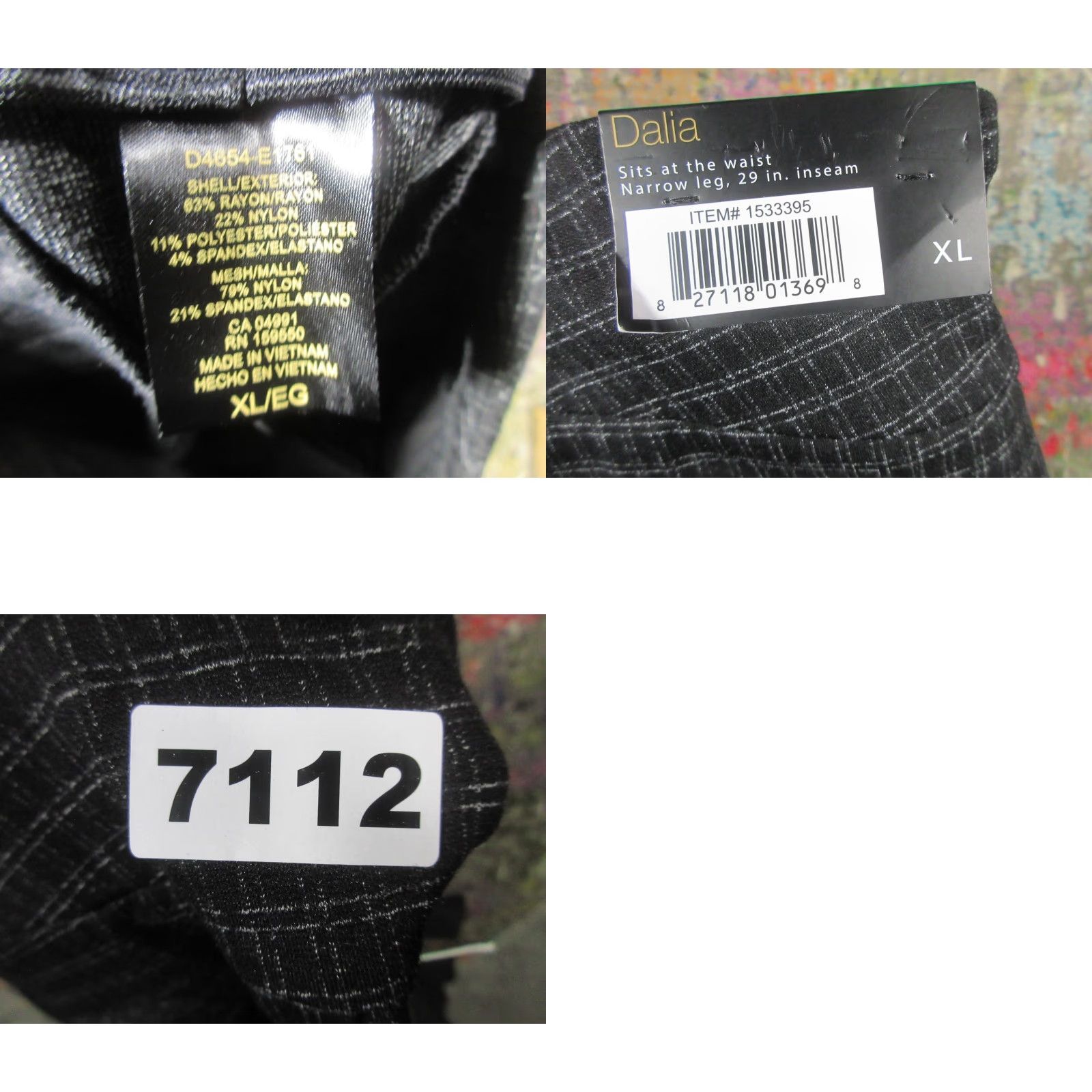 Vintage Dalia Women's Pants XL Black White Squares Tummy Control Built-In Pull On Slimming Ponte Geometric Tapered Leg Regular Machine Washable Size 40" / US 18 - 8 Thumbnail