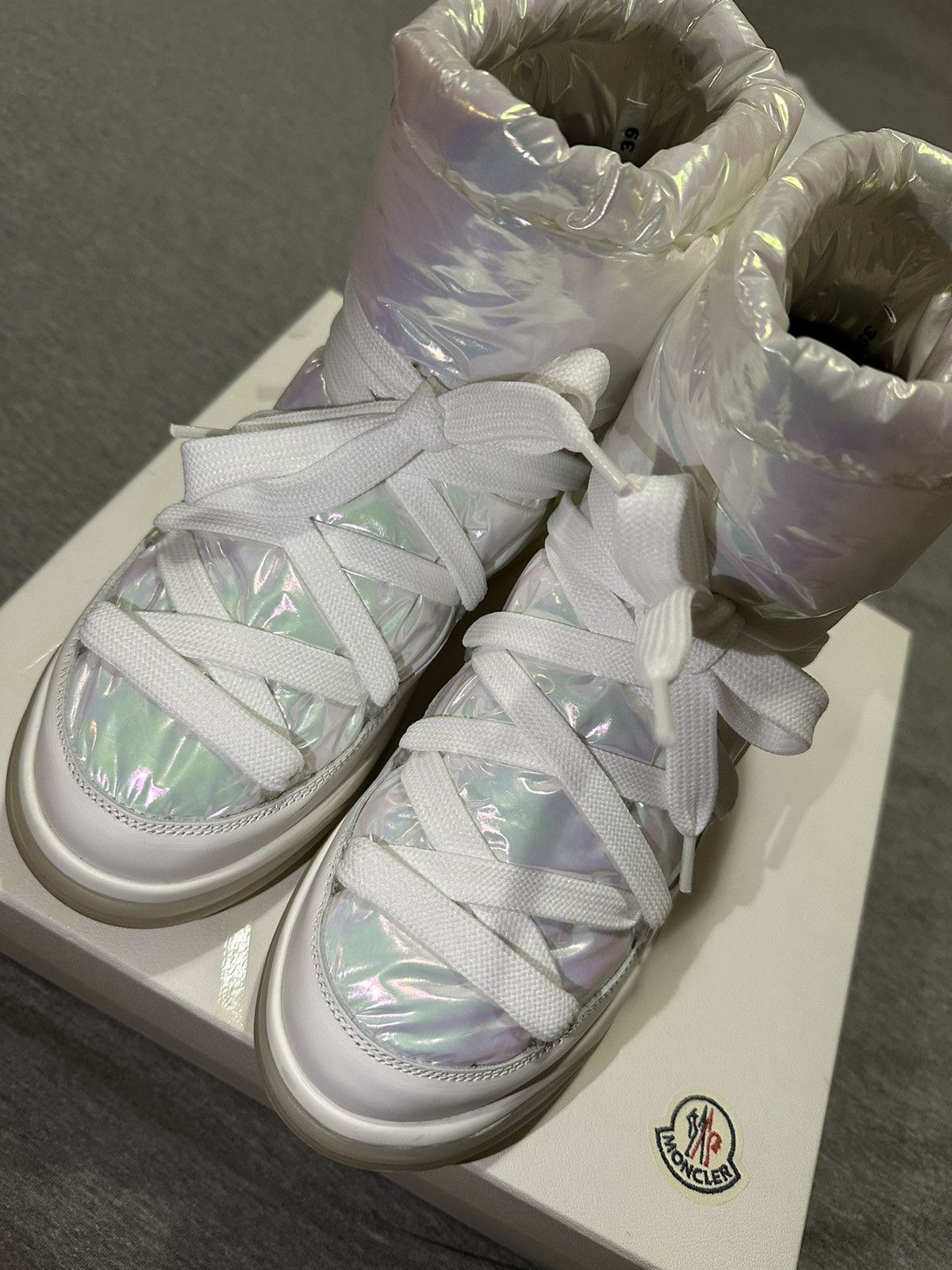 image of White Moncler Iridescent Boots, Women's (Size 9)