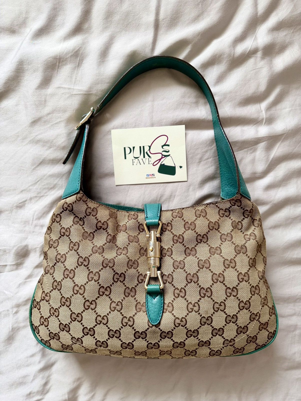 Gucci Authentic GUCCI Jackie 1961 Beige Canvas x Teal Hobo Bag Size ONE SIZE - 2 Thumbnail