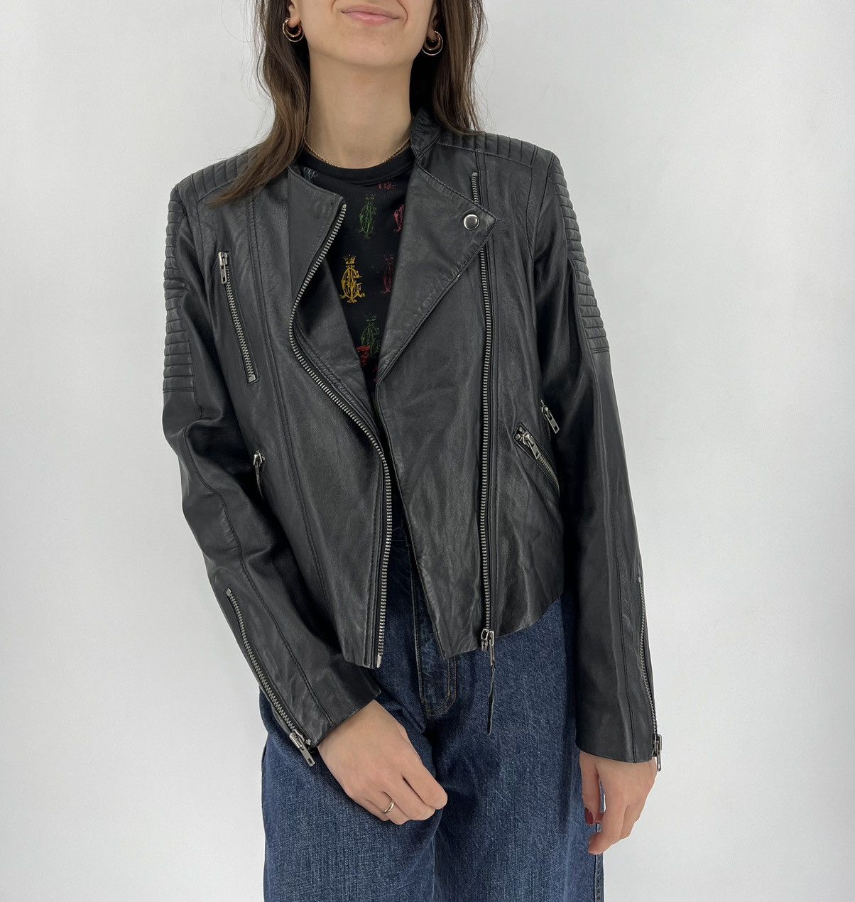 Leather × Mango Mango Black Leather Biker Jacket Racing Moto HONDA BMW Size S / US 4 / IT 40 - 3 Thumbnail