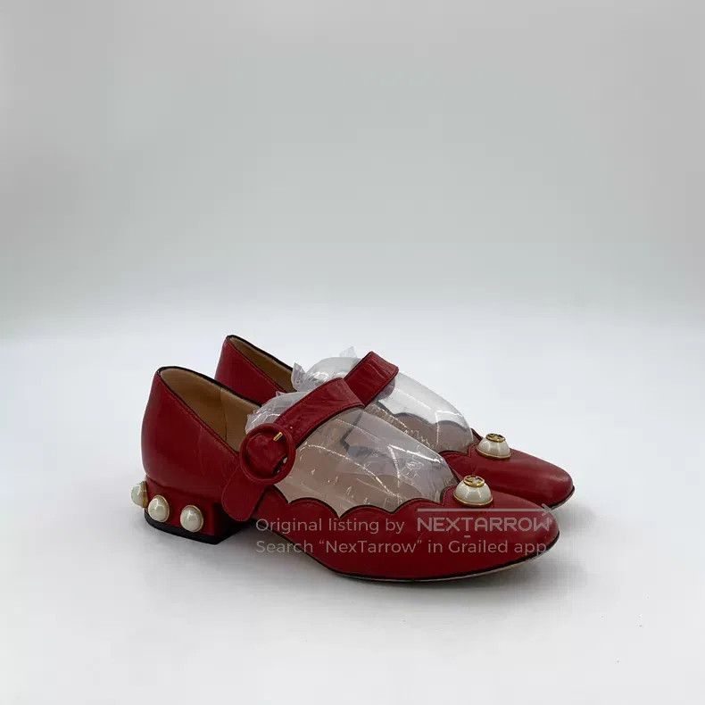 Gucci Gucci Red pearl decoration buckle casual single shoes Size US 4 / IT 34 - 2 Thumbnail