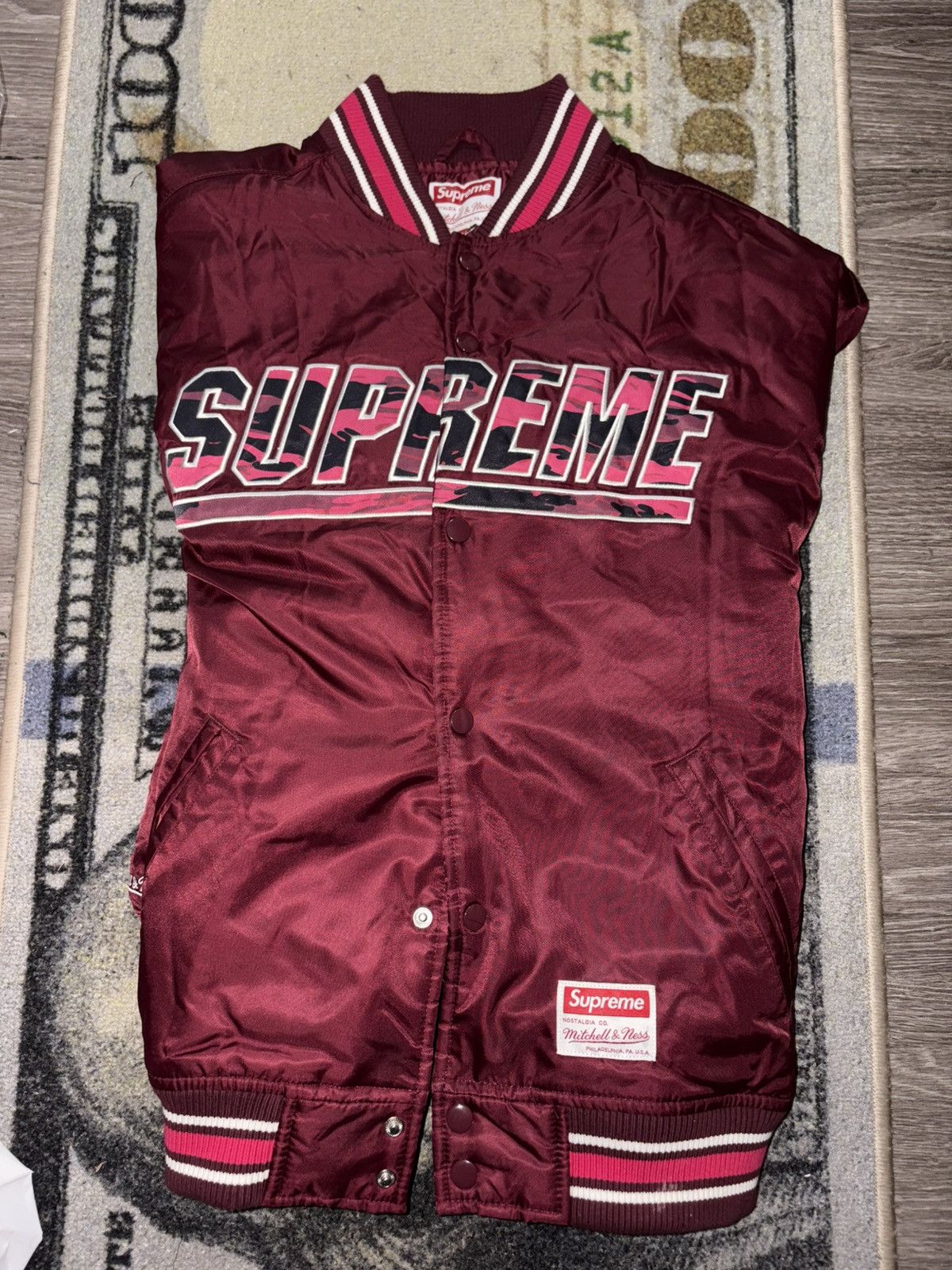 Mitchell & Ness × Supreme Supreme Mitchell & Ness Camo Logo Varsity Jacket Burgundy Size US L / EU 52-54 / 3 - 1 Thumbnail