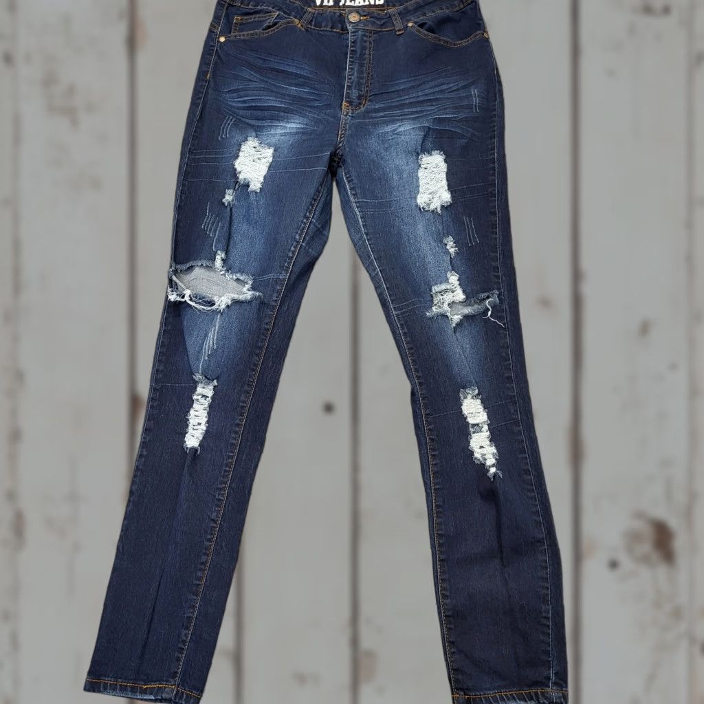 Vintage VIP Jeans Distressed Skinny Jeans Women's 15/32W Blue Stretch Denim 32x29.5 Blue Jeans Women 15/32W Skinny Distressed 90s Theme Mens? Size 36" / US 14 / IT 50 - 1 Thumbnail