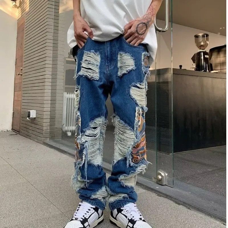 image of Distressed Denim x Jean Y2K Streetwear Ripped Stacked Jeans Pant in Blue, Men's (Size 29)