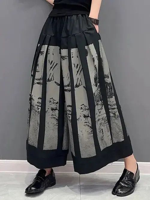 Japanese Brand Print Wide Leg Pants Woman Korea 2023 Spring New Size 32" / US 10 / IT 46 - 2 Thumbnail