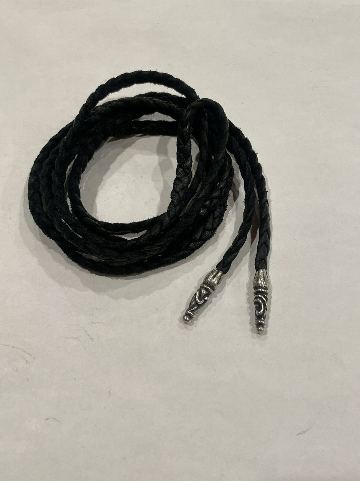 image of Chrome Hearts Leather Bolo Tie Braid Necklace Silver Tips in Black/Silver, Men's