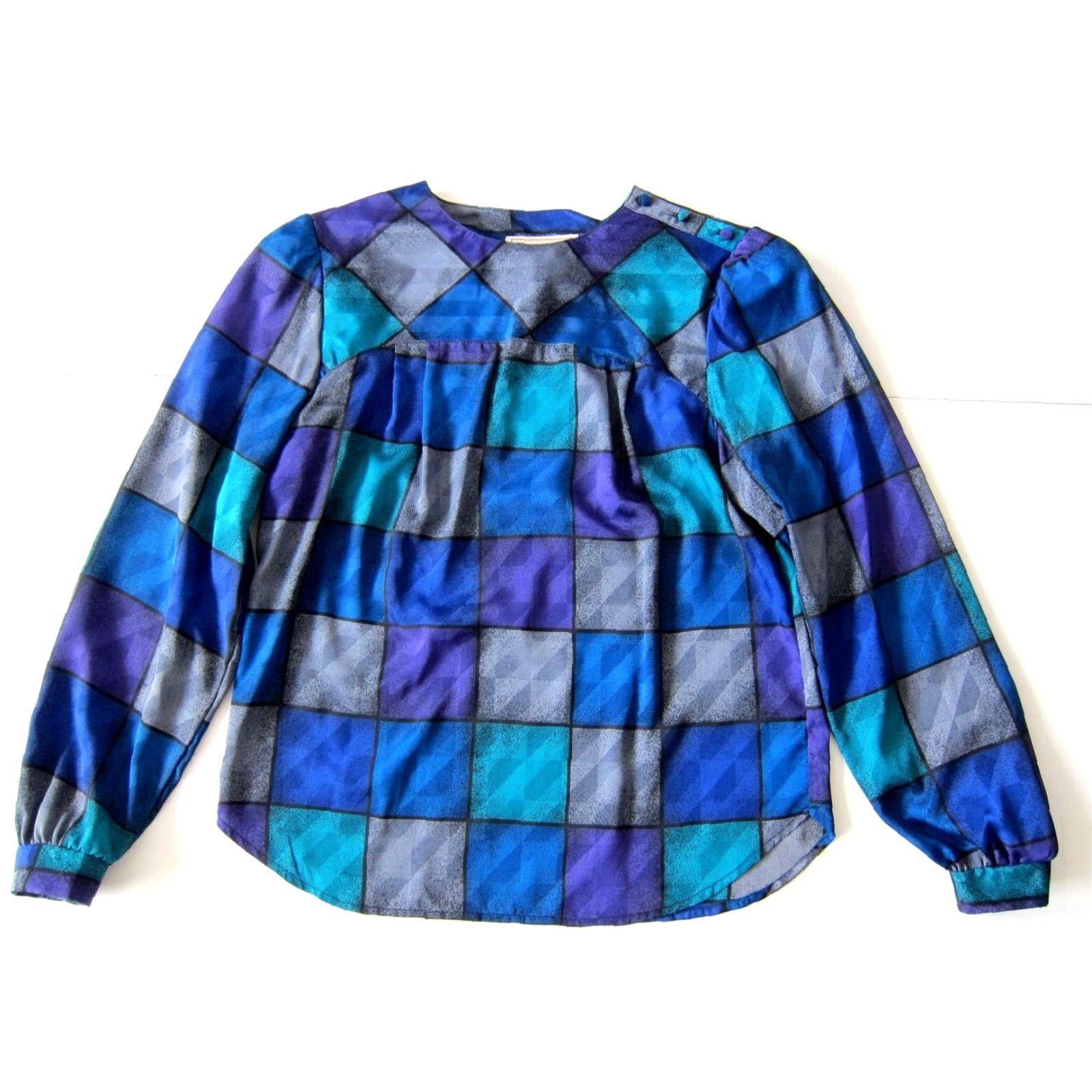Vintage VINTAGE Kaki Roberts California Blue Grey Plaid Long Sleeve High Neck Blouse S Size S / US 4 / IT 40 - 2 Thumbnail