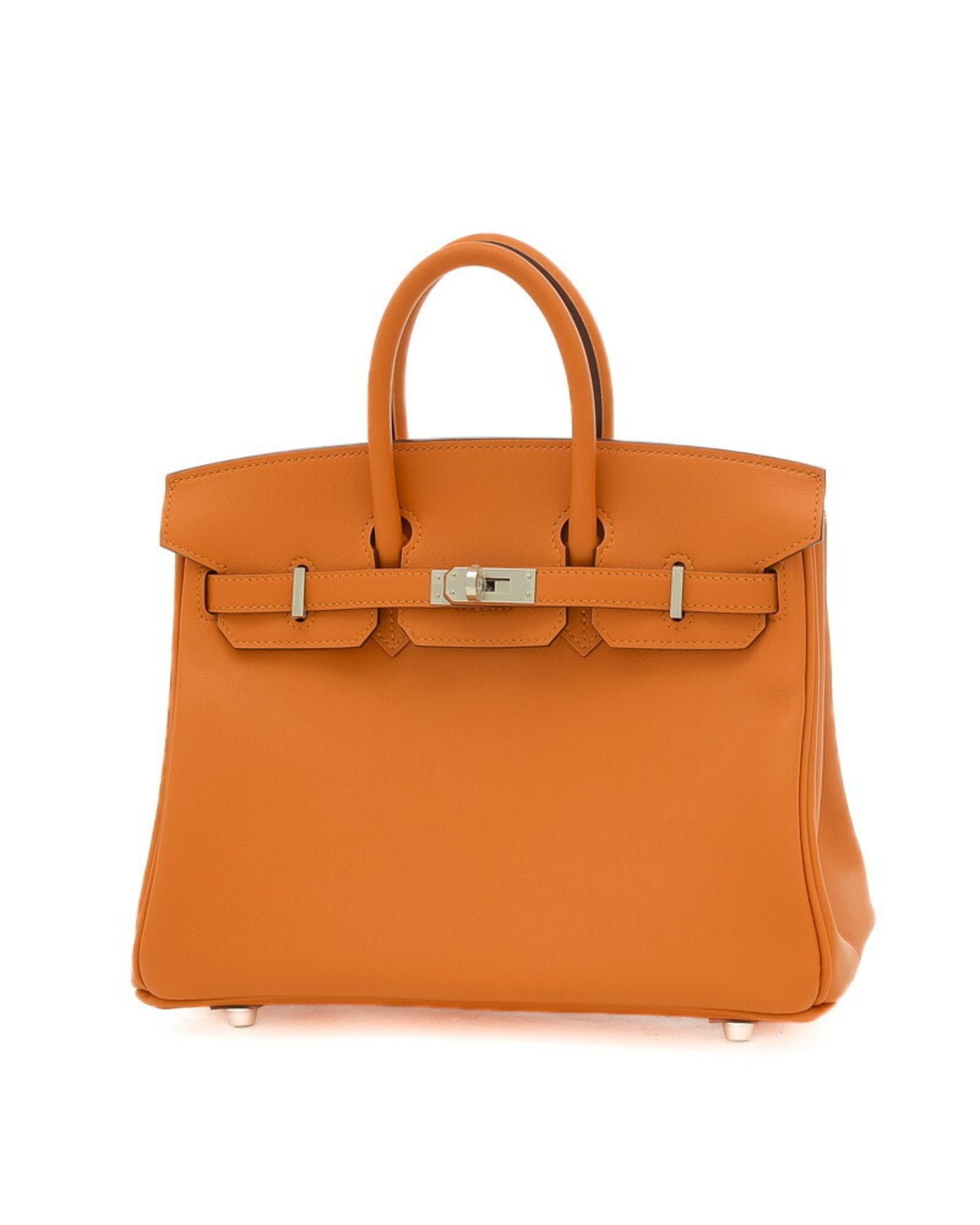image of Hermes Luxury Leather Handbag With Silver Hardware in Orange, Women's