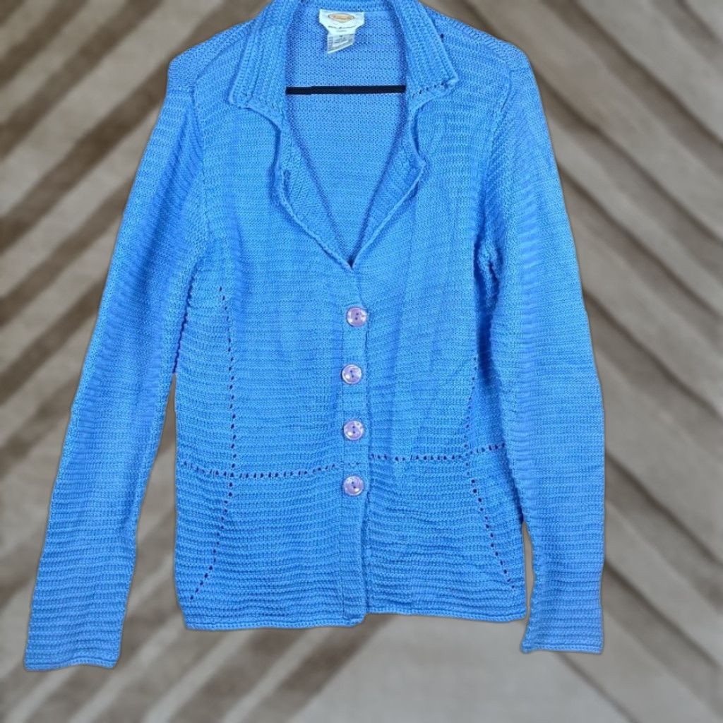 Talbots Talbots Womens Sweater Blue Collared Button Up 100% Mercerized Cotton Medium Cardigan V-Neck Knit Solid Long Sleeve Regular Fit Womens Size M / US 6-8 / IT 42-44 - 1 Thumbnail