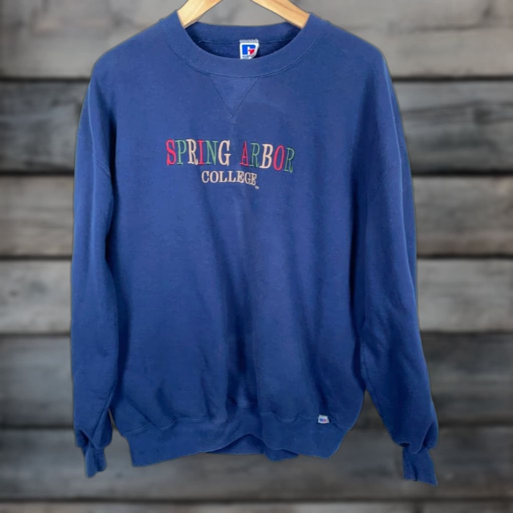 Russell Athletic VINTAGE Russell Athletic Sweatshirt 90s College Arbor Springs Blue Faded 2XL Mens Crew Neck Pullover Graphic Print Embroidered Logo Size US XXL / EU 58 / 5 - 1 Thumbnail