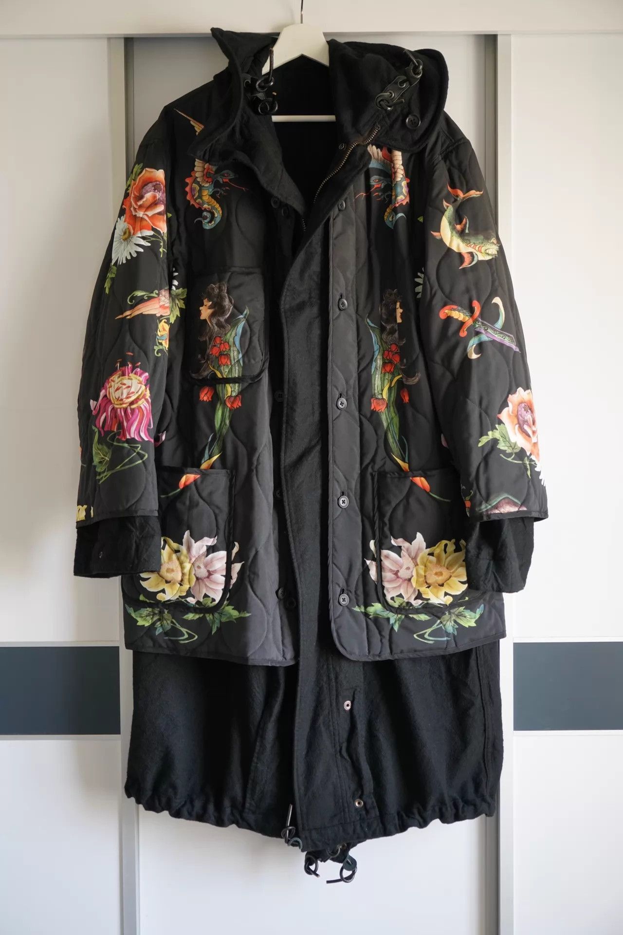 Yohji Yamamoto Black Quilted Floral Print Long Coat Size US L / EU 52-54 / 3 - 1 Thumbnail