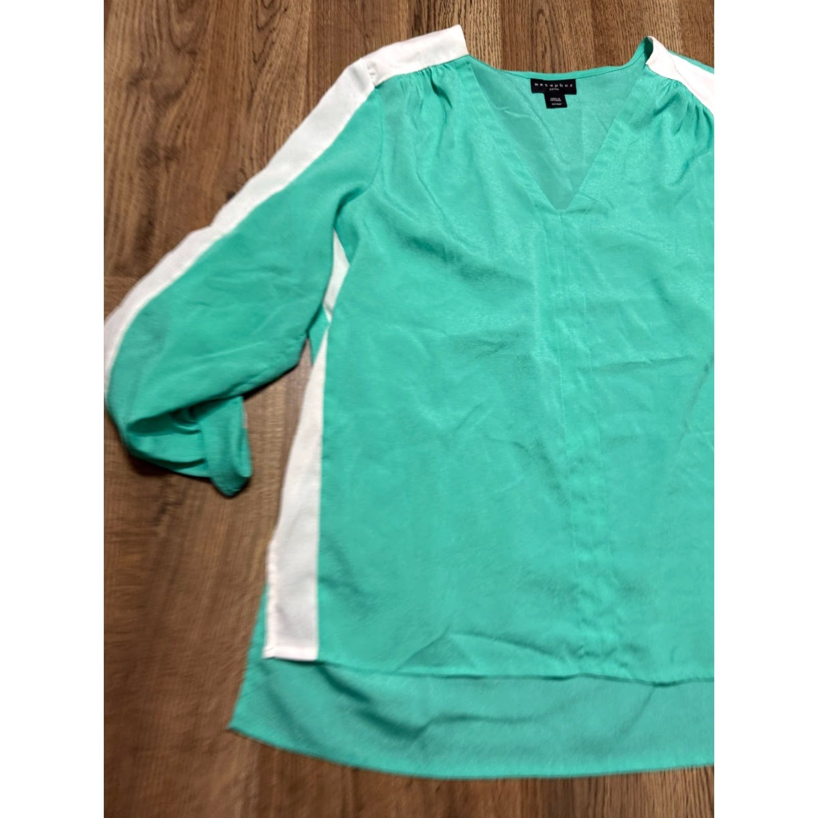 Vintage Metaphor Blouse Women's XL Petite Green White V-neck Long Sleeve Shirt Ladies Regular Fit - Modern Basic Casual - Womens Size XL / US 12-14 / IT 48-50 - 3 Thumbnail