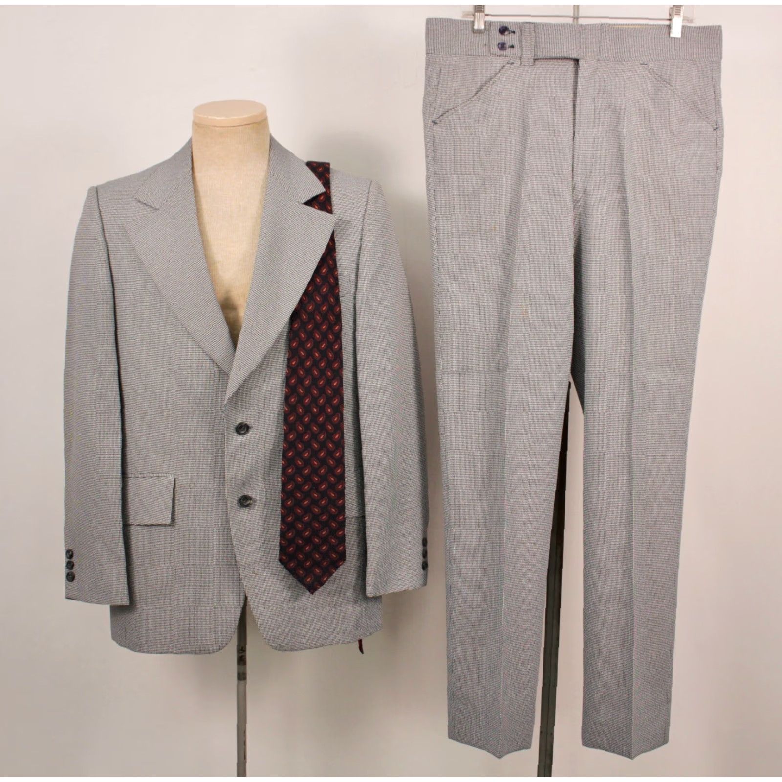 Vintage VINTAGE Mens VTG 70s Navy Blue & White Houndstooth Leisure Suit M 1970s Polyester Disco Shirt Jacket Pants Mens Size 40R - 2 Thumbnail