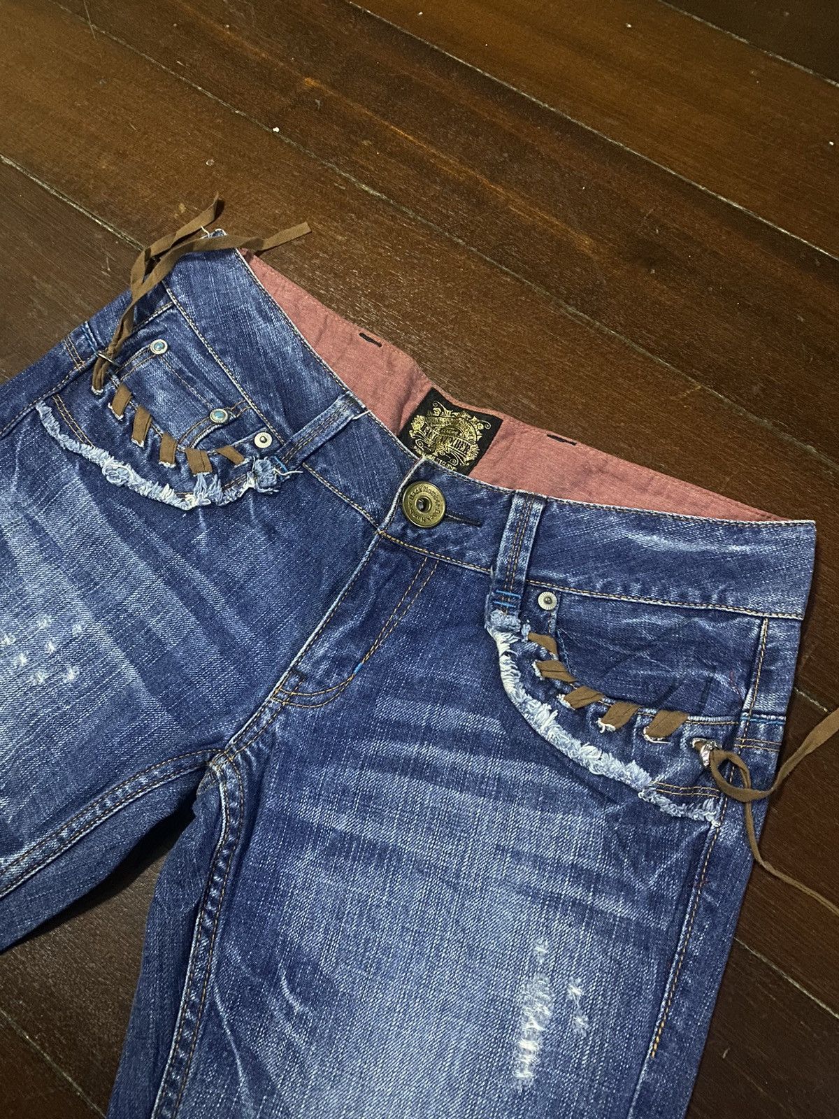 If Six Was Nine × Le Grande Bleu (L.G.B.) × Tornado Mart Flare Jeans Back Number Distress Faded Denim Bootcut Y2k Size 33" - 6 Thumbnail