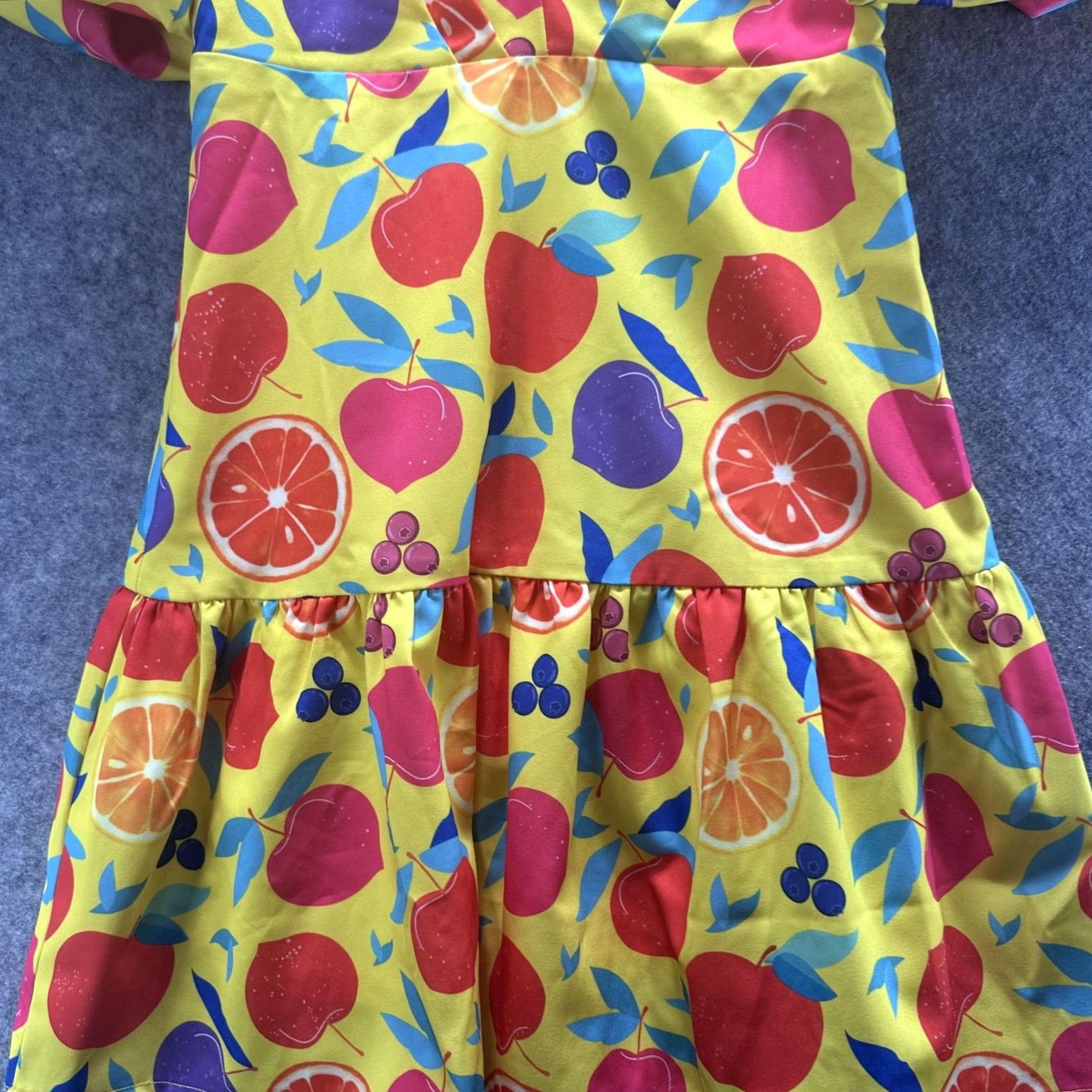 Vintage DENIMLAND Dress Womens S Yellow Fruit Print V Neck Puff Sleeve Ruffle Mini Size S / US 4 / IT 40 - 2 Thumbnail