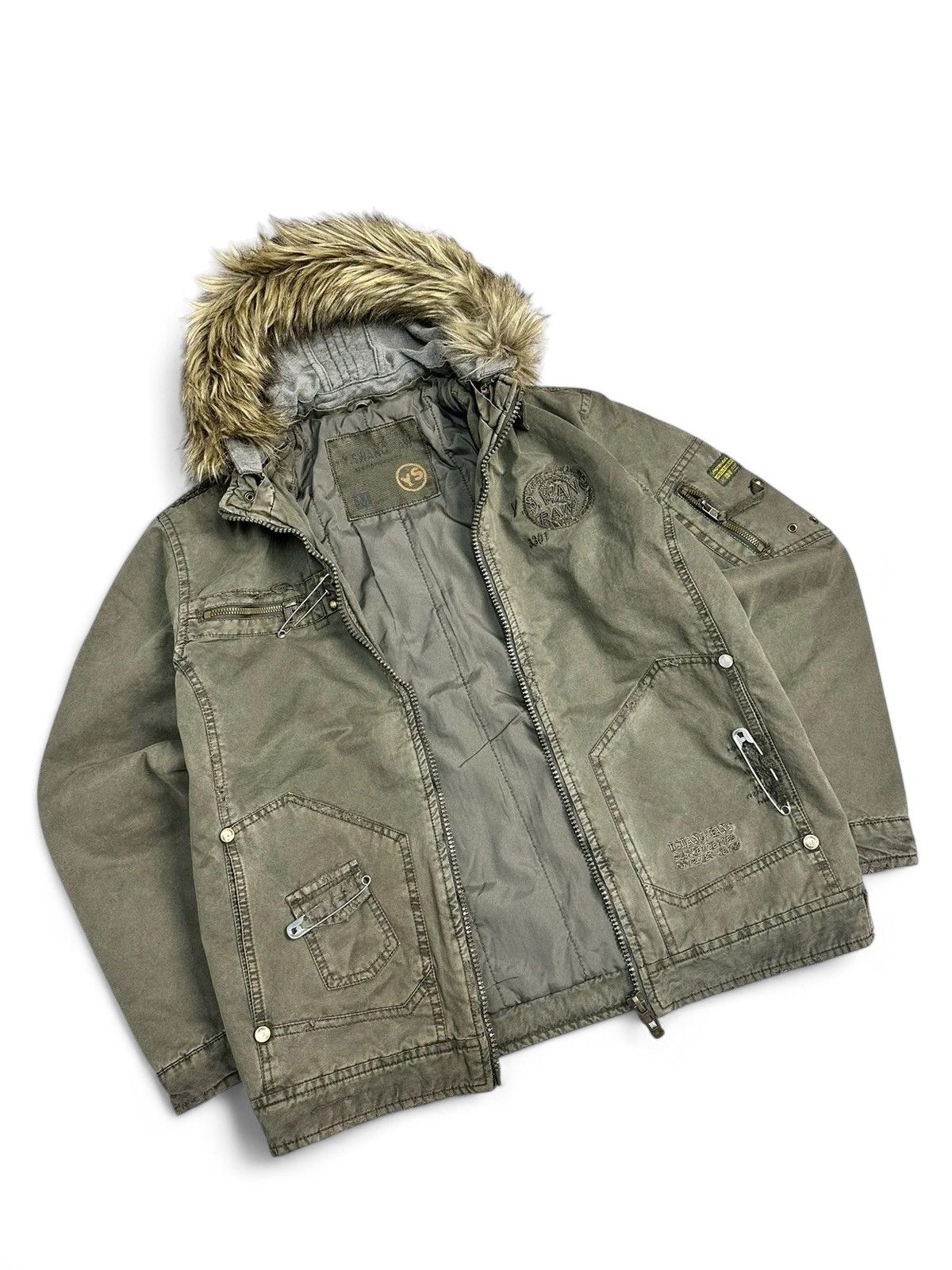 Le Grande Bleu (L.G.B.) Vintage Army Green Fur Hood Jacket Y2K faded Military Style Size US M / EU 48-50 / 2 - 1 Thumbnail