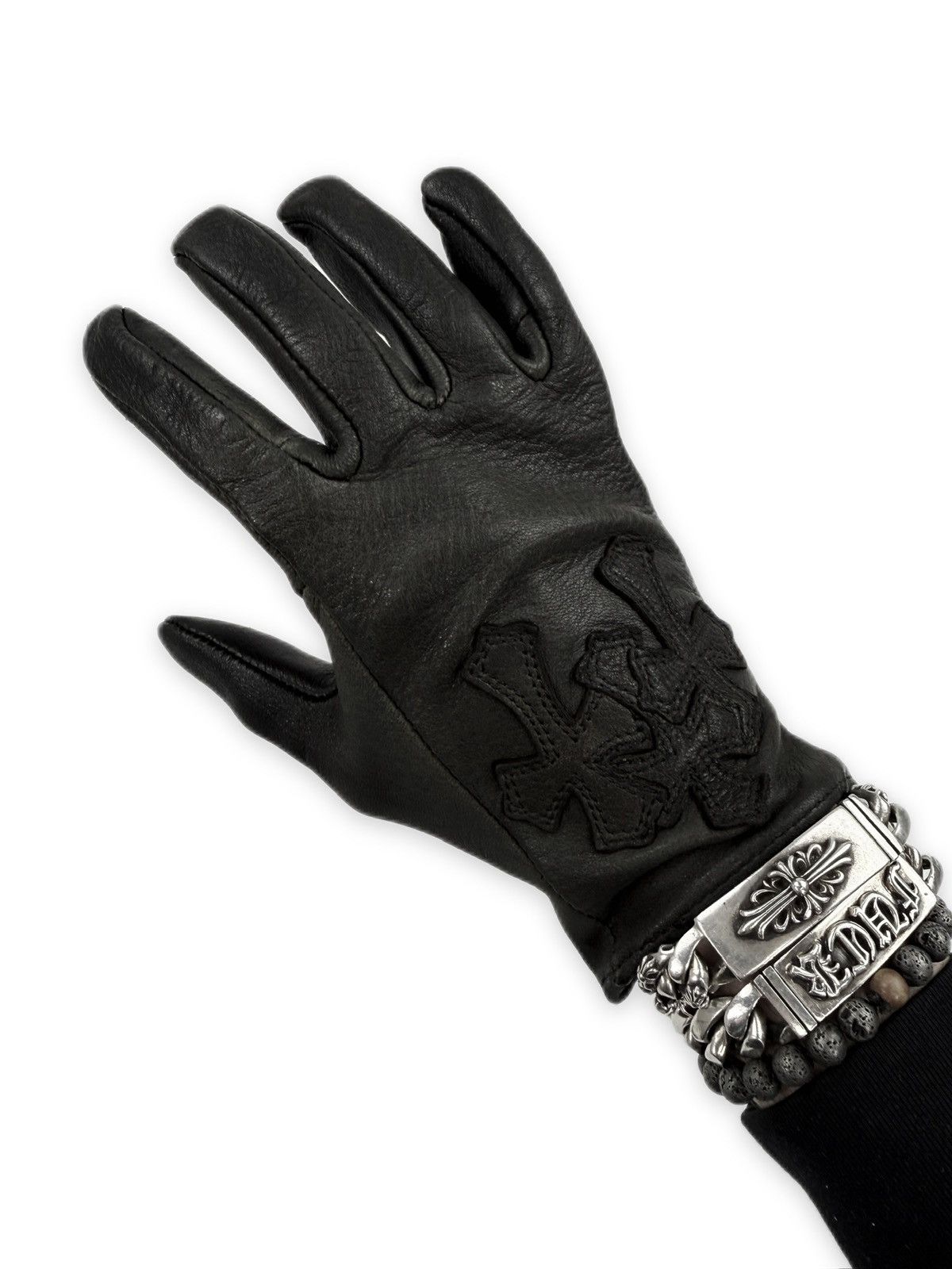 Chrome Hearts Chrome Hearts Triple Cross Patch Cemetery Black Leather Gloves Size ONE SIZE - 4 Thumbnail