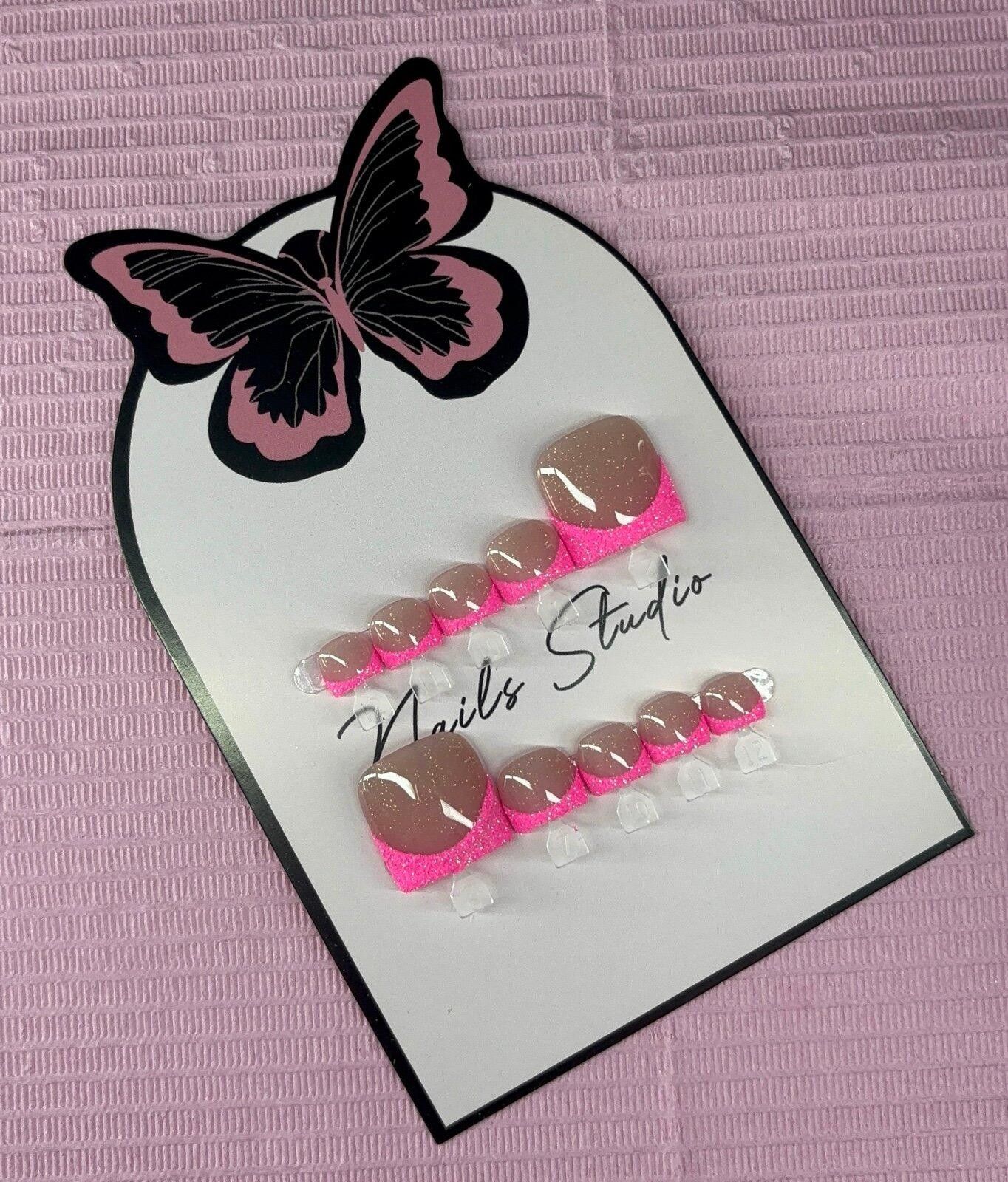 Handmade Press on toenails pink glitter French tips handmade custom Size ONE SIZE - 8 Thumbnail