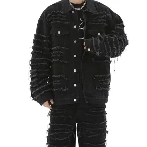 image of Black Stacked Distressed Ripped Denim Jacket, Men's (Size Medium)