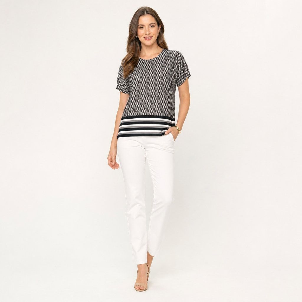 Liz Claiborne Liz Claiborne Gray Black Geometric Mosaic Striped Top Sz M Size M / US 6-8 / IT 42-44 - 1 Thumbnail