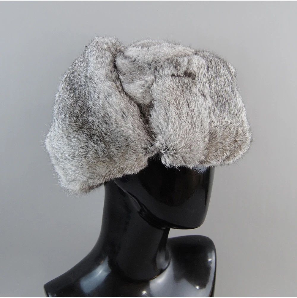 Other Warm Natural Rabbit Fur Bomber Hat With Earflaps Size ONE SIZE - 8 Thumbnail