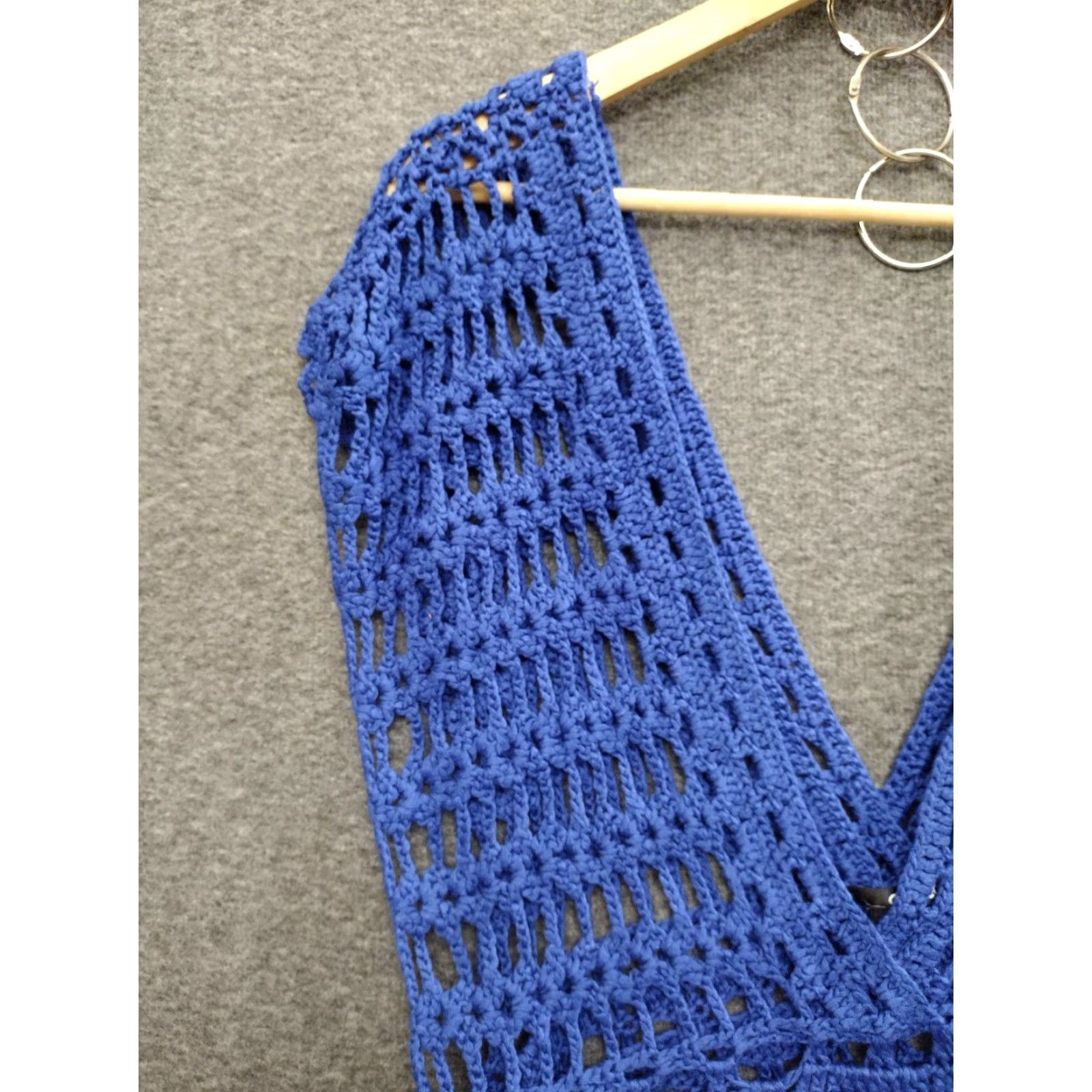 Vintage Codigo Crochet Knitted Blue V-Neck Beach Mini Dress S Shirt Women Blue 90s Bohemian Clubwear Fashion Size S / US 4 / IT 40 - 7 Thumbnail
