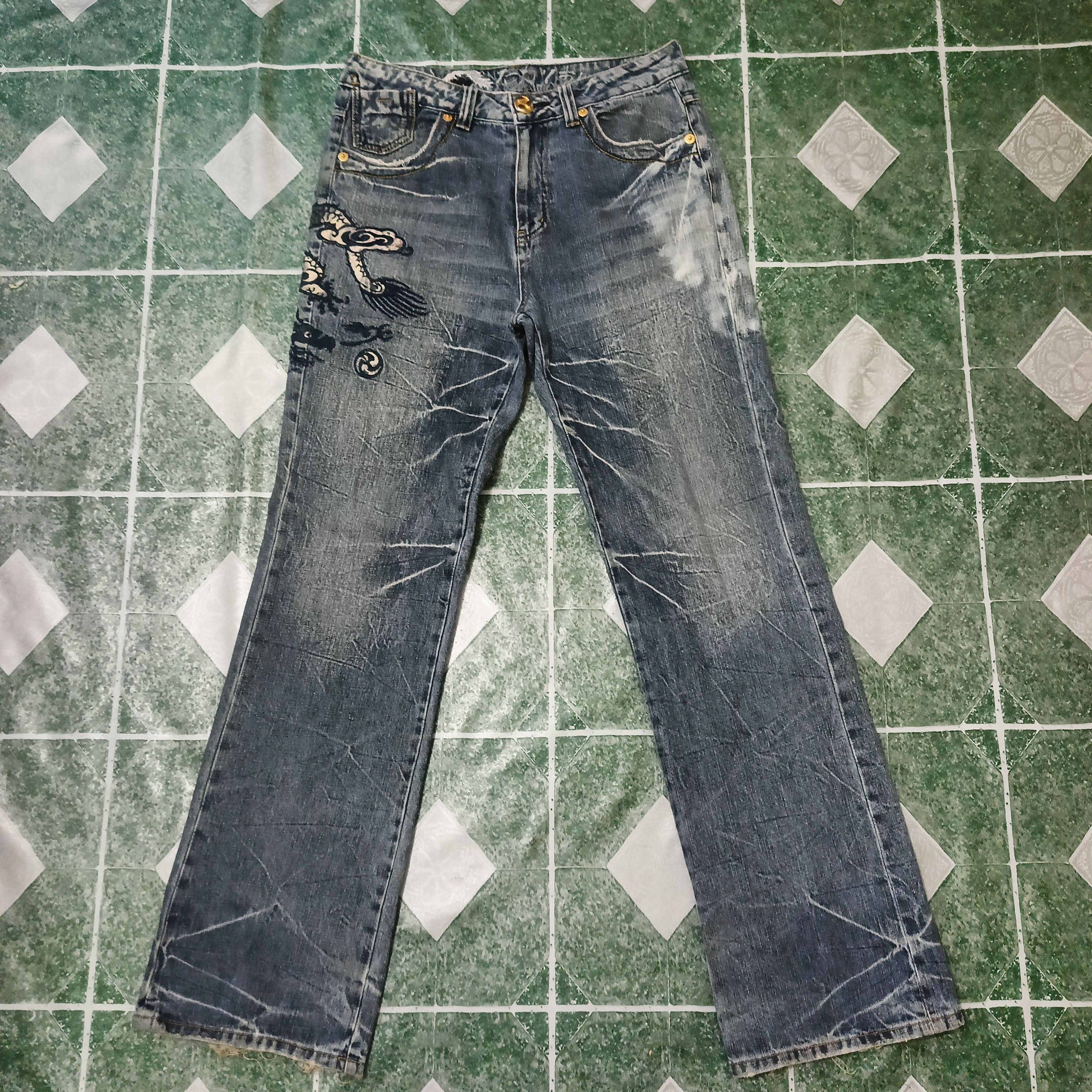 image of VTG Osaka Big Train Embroidery Dragon Distressed Denim Jeans in Blue Distressed, Men's (Size 33)