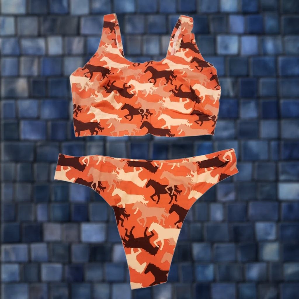 Vintage Cheek Boss Tie Womens L Orange Bra Thong Set Horse Print Panties Size 36" / US 14 / IT 50 - 1 Thumbnail