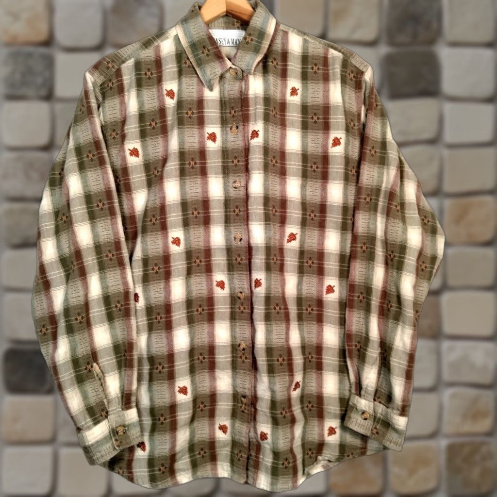 Vintage VINTAGE Casey & Max Blouse Women L Brown Plaid Embroidered Leaf Autumn Casual Size L / US 10 / IT 46 - 1 Thumbnail