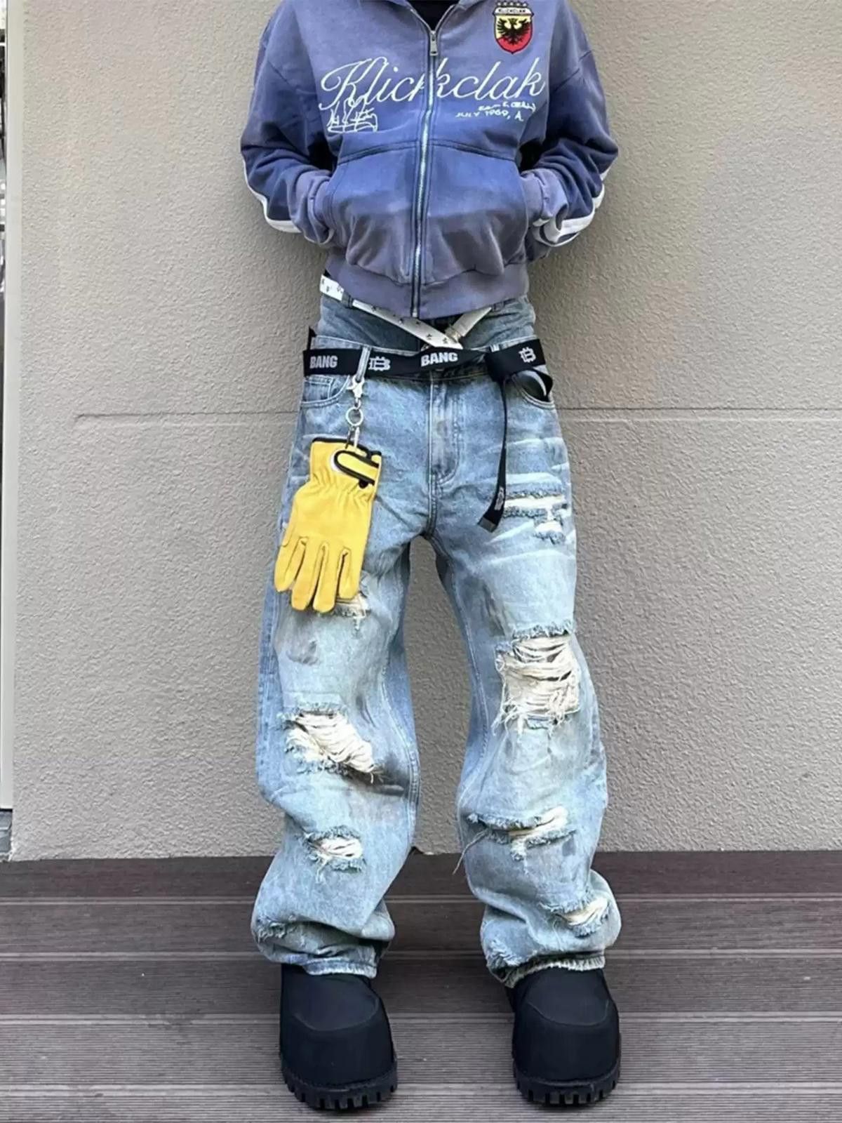 Jean Double-Waistband Ripped Floor-Length Wide-Leg Denim Jeans Size US 30 / EU 46 - 1 Thumbnail