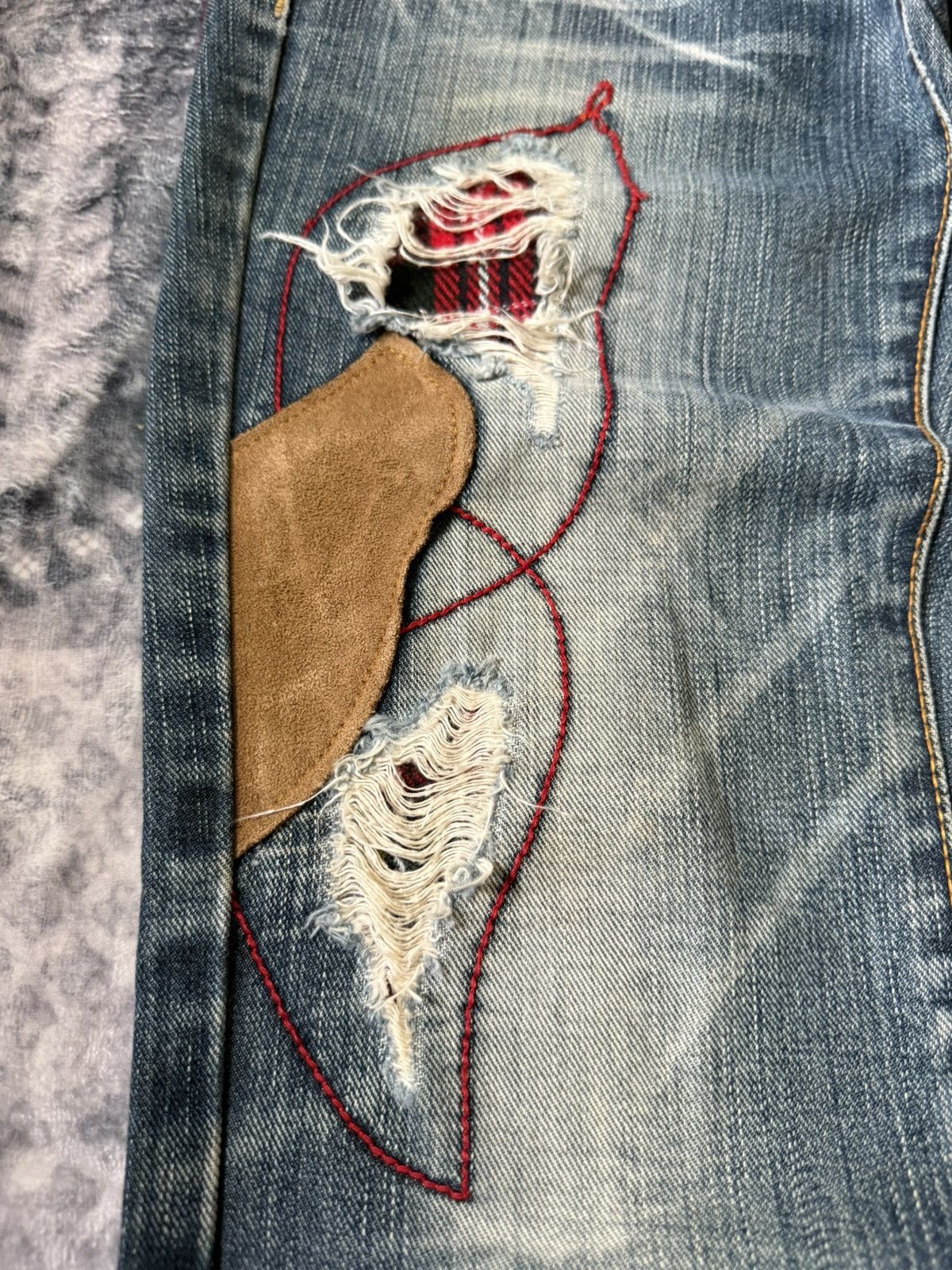 Hysteric Glamour Lucy Pearl Patch Work Leather Trimmed Shashiko Flared Jeans Size US 27 - 8 Thumbnail