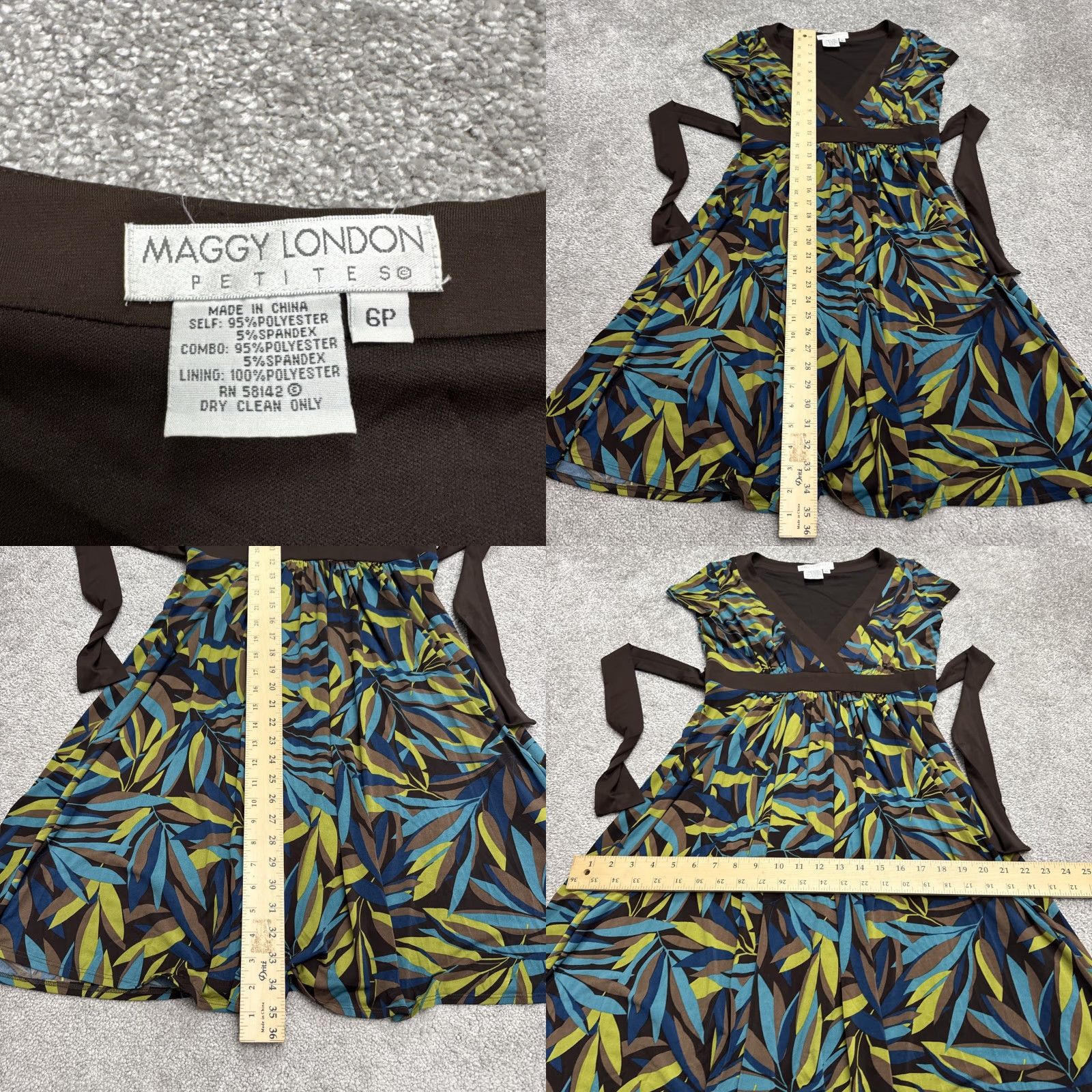 MAGGY LONDON VINTAGE Maggy London Leaf Print Midi Wrap Dress Womens 6P Brown Blue Casual Boho Dress Size M / US 6-8 / IT 42-44 - 8 Thumbnail