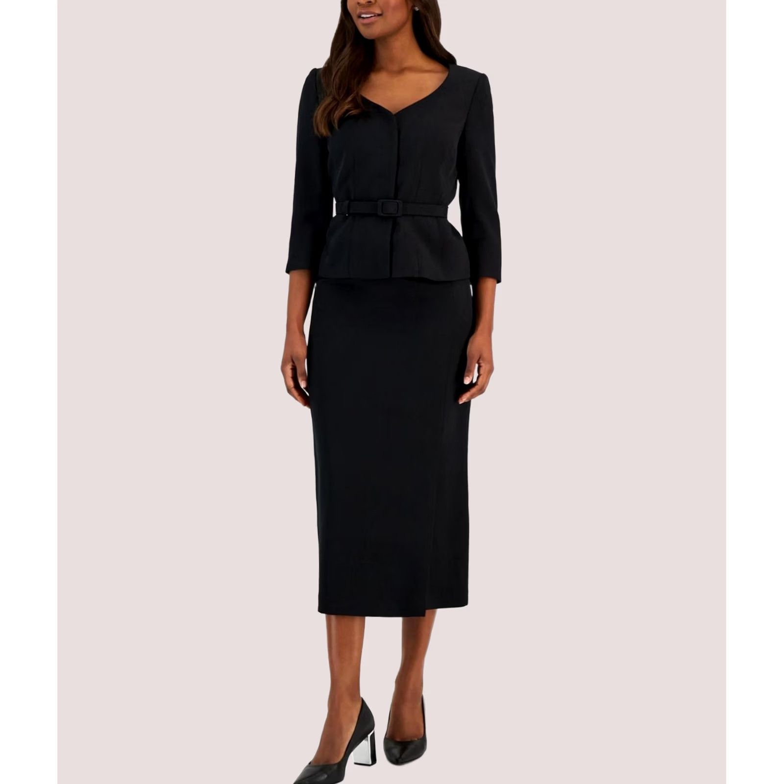 Vintage Le Suit Womens black 14 Belted 2 Piece Skirt Suit Size 36" / US 14 / IT 50 - 1 Thumbnail