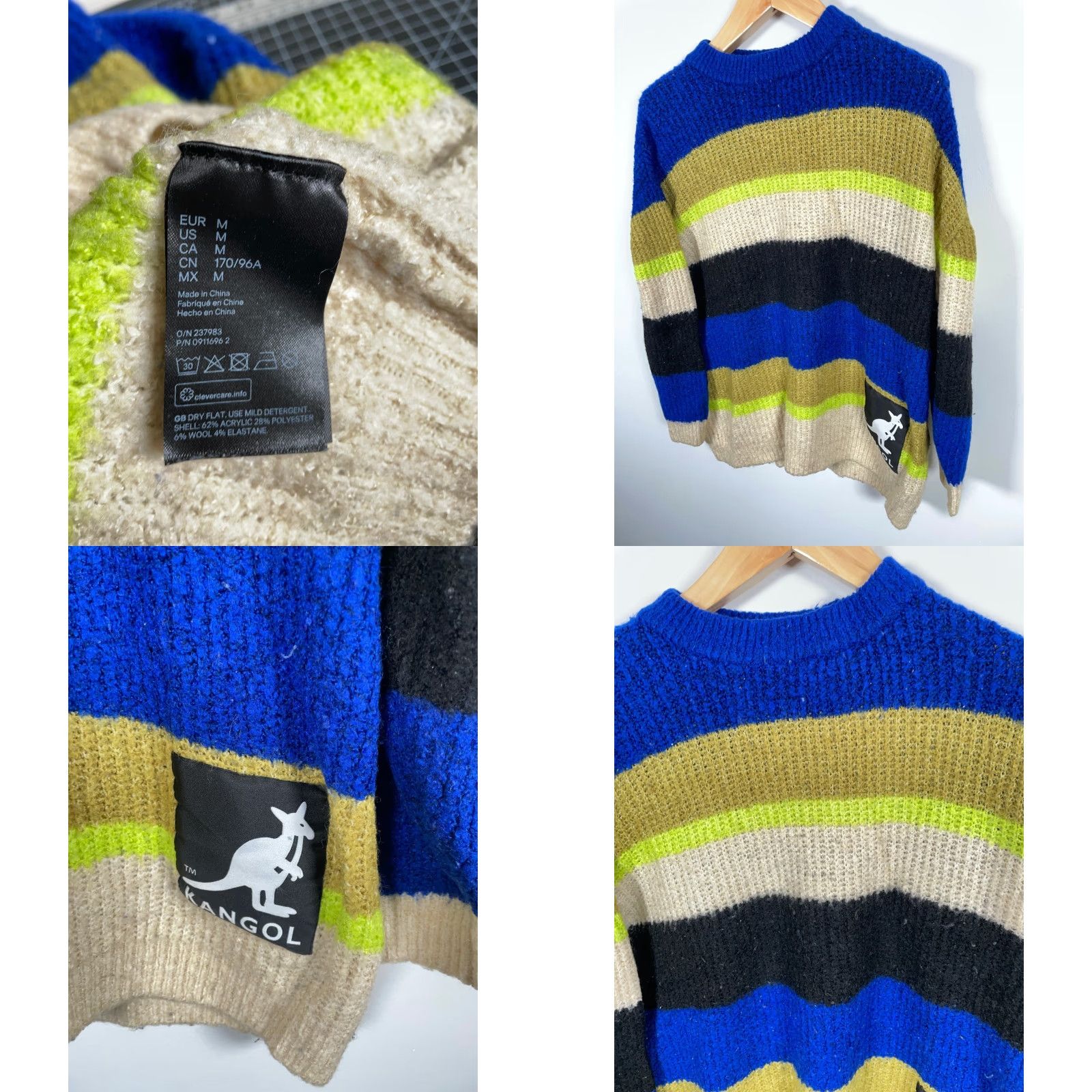H&M Kangol x H&M Sweater Women's Medium Beige Blue Striped Oversized Chunky Knit Pullover Crew Neck Casual 90s Hipster Retro Womens Size M / US 6-8 / IT 42-44 - 8 Thumbnail