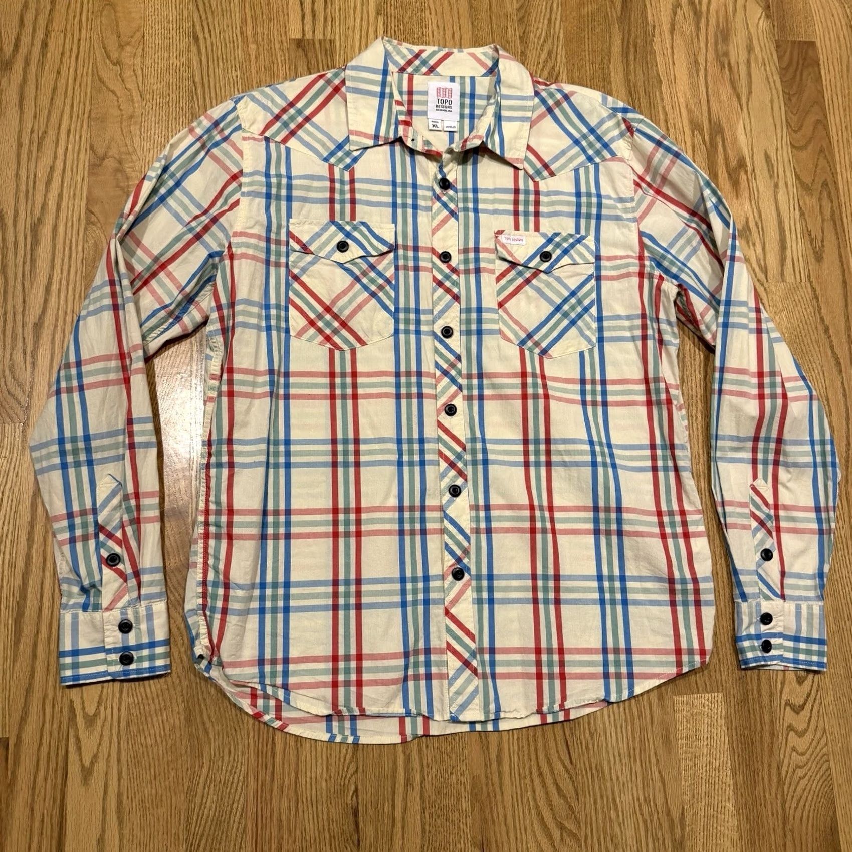 Topo Designs Topo Designs Plaid Button-Up Shirt Mens XL Long Sleeve Pockets Organic Cotton Multicolor Store Photos/Measurements Size US XL / EU 56 / 4 - 2 Thumbnail