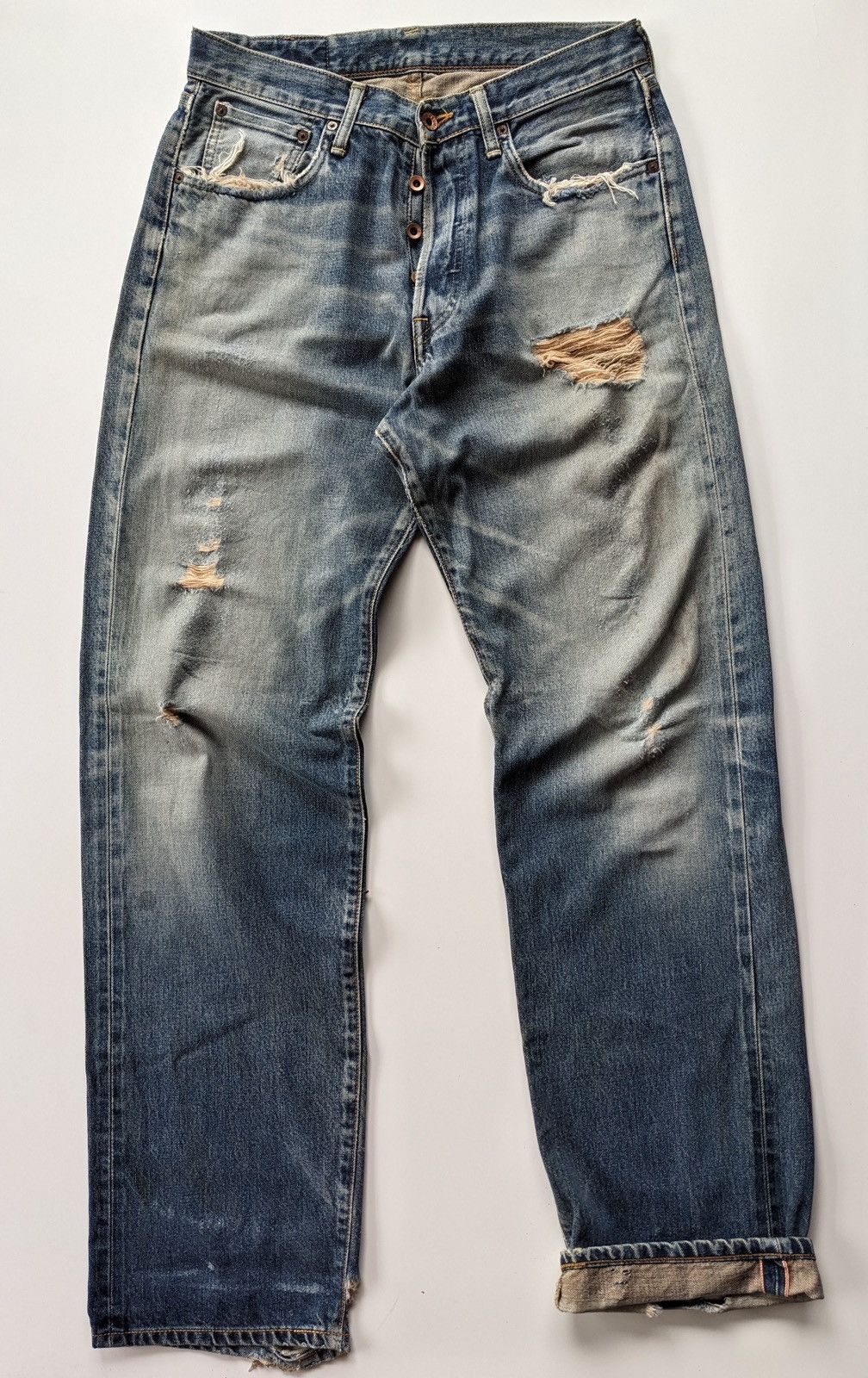 Image of Distressed Denim x Edwin Vintage Edwin Ripped Selvedge Jeans in Blue Jean, Men's (Size 31)