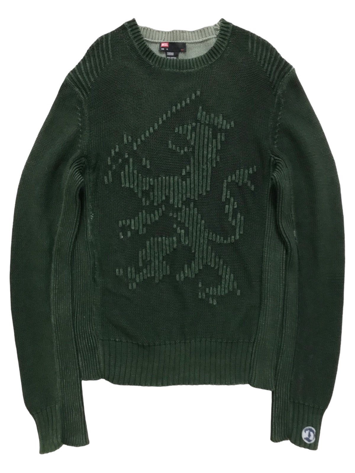 image of Diesel Green Abstract Ribbed Heavy Cotton Knitwear Jumper, Men's (Size XL)