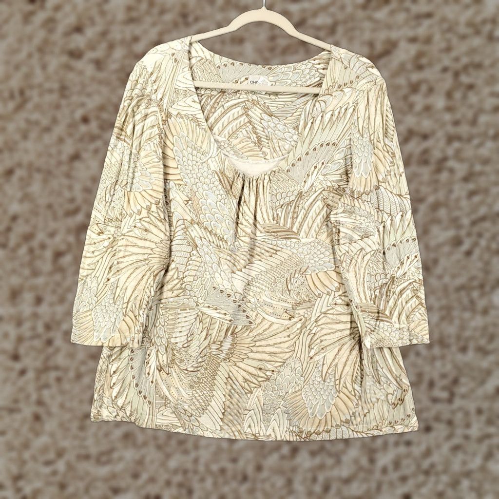 Vintage Chicos Blouse Womens XL Tan Ivory Wing Feather Print Scoop Neck Top 3 Size XL / US 12-14 / IT 48-50 - 1 Thumbnail