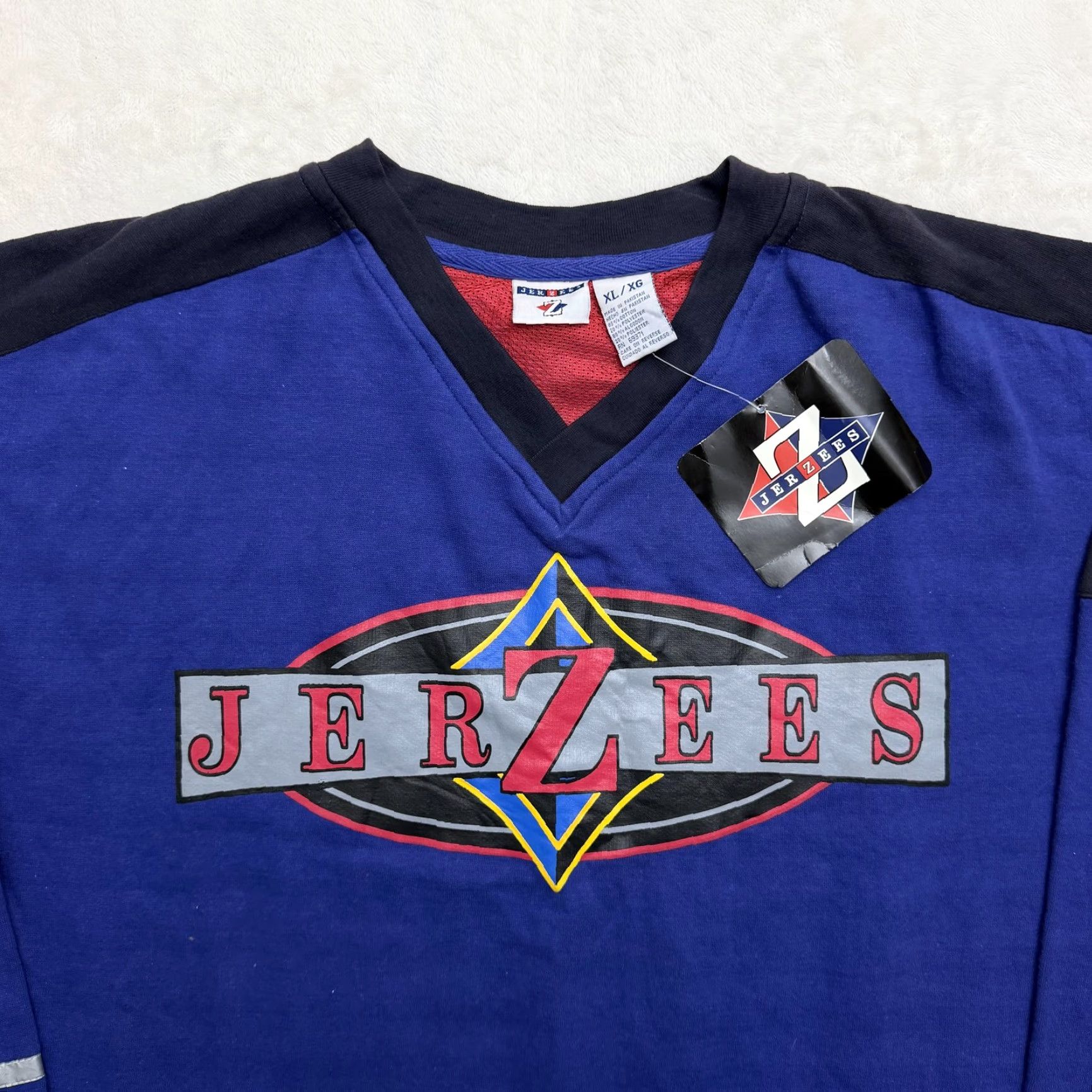 Jerzees VINTAGE Jerzees Shirt Mens XL Blue Long Sleeve V-Neck Hockey Jersey Graphic Logo Size US XL / EU 56 / 4 - 2 Thumbnail