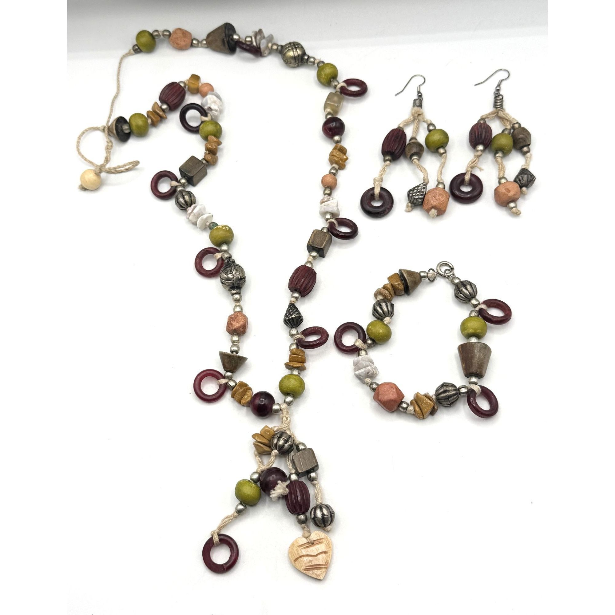 Vintage Vintage wood stone charm necklace bracelet and earrings set Size ONE SIZE - 5 Thumbnail