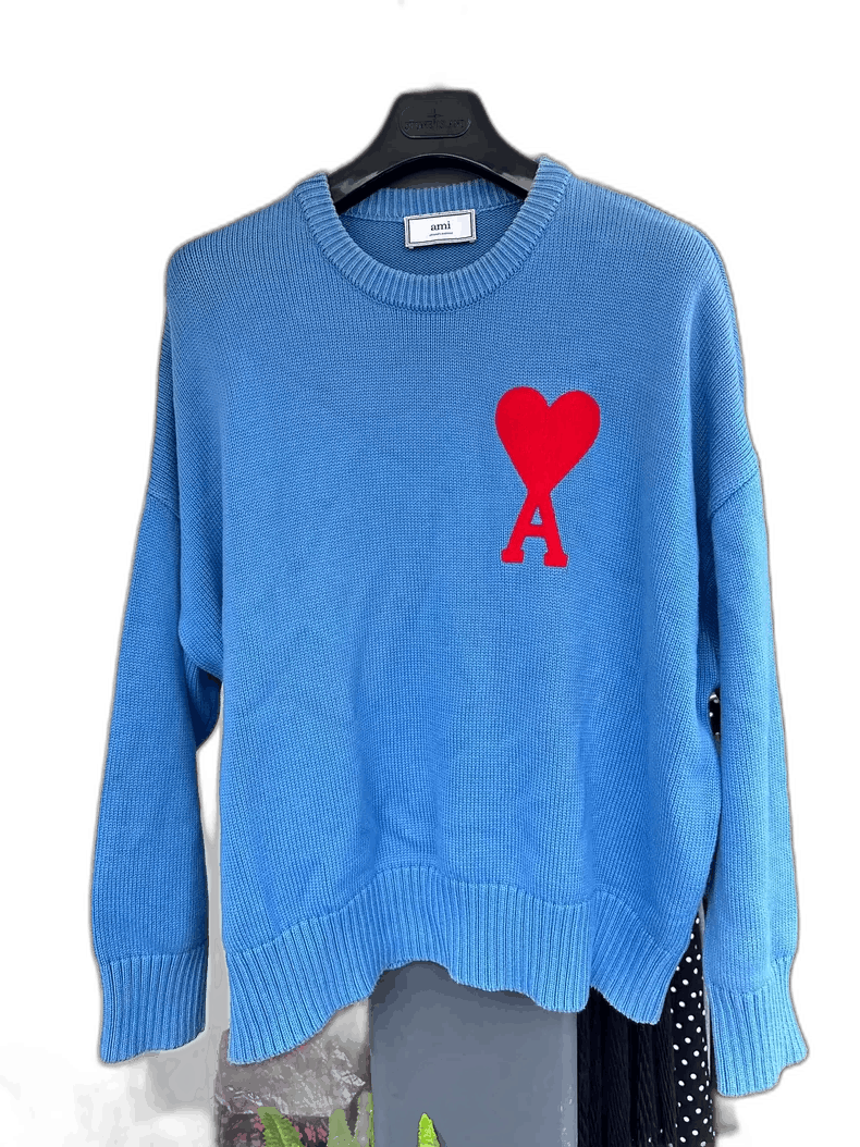 AMI Ami Paris Blue Red Heart Knit Sweater Size US L / EU 52-54 / 3 - 1 Thumbnail