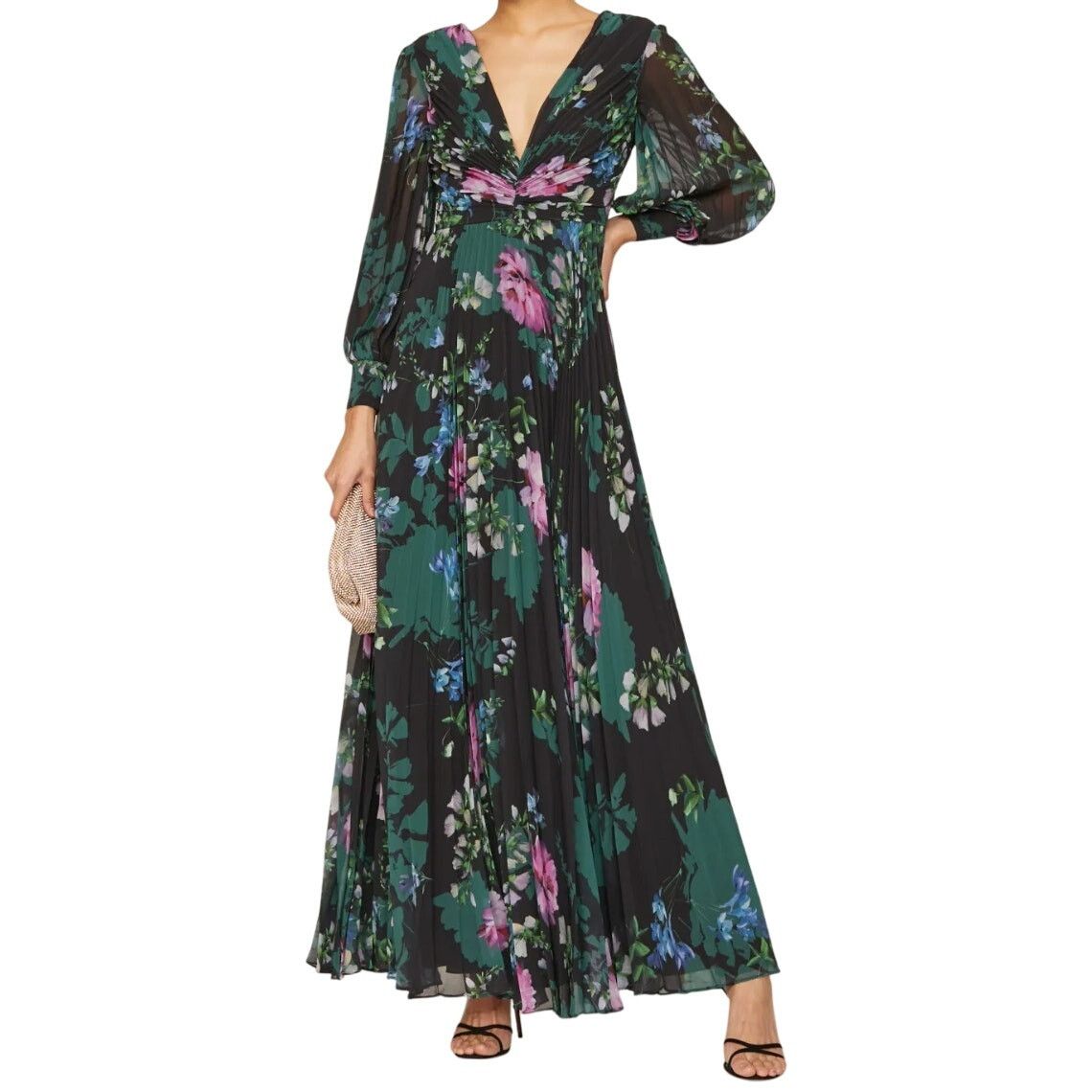 Badgley Mischka Badgley Mischka Floral Long Sleeve Pleated Gown, Size US 2 Size XS / US 0-2 / IT 36-38 - 2 Thumbnail