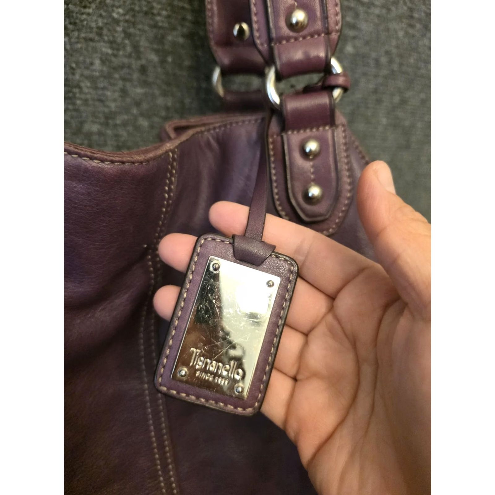 Vintage Tignanello Shoulder Bag Womens Medium Purple Leather Studded Striped Lining Size ONE SIZE - 2 Thumbnail