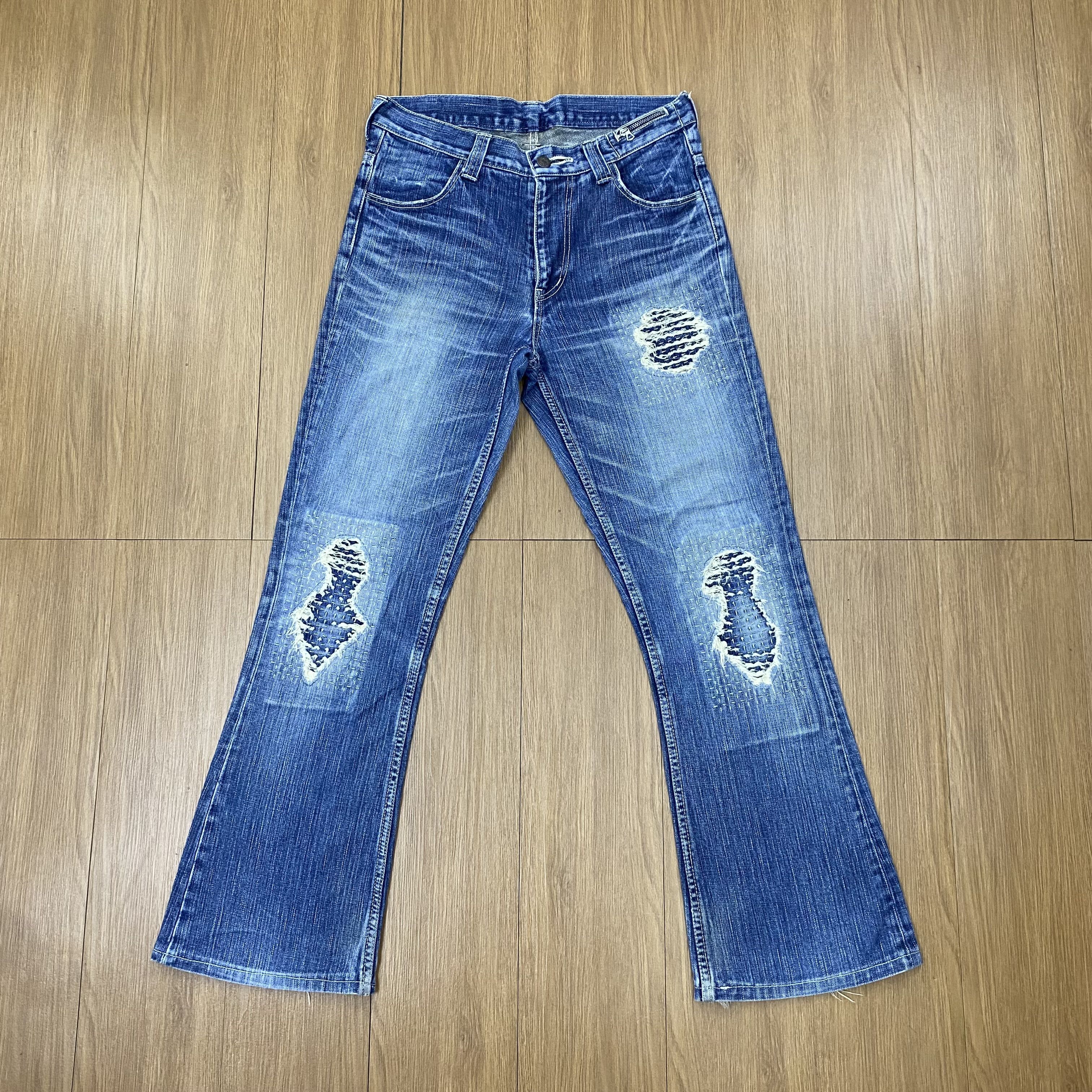 Japanese Brand × Vintage Vintage Sashiko Distress Jeans Flare Denim Patchwork CD161 Size US 31 - 1 Thumbnail